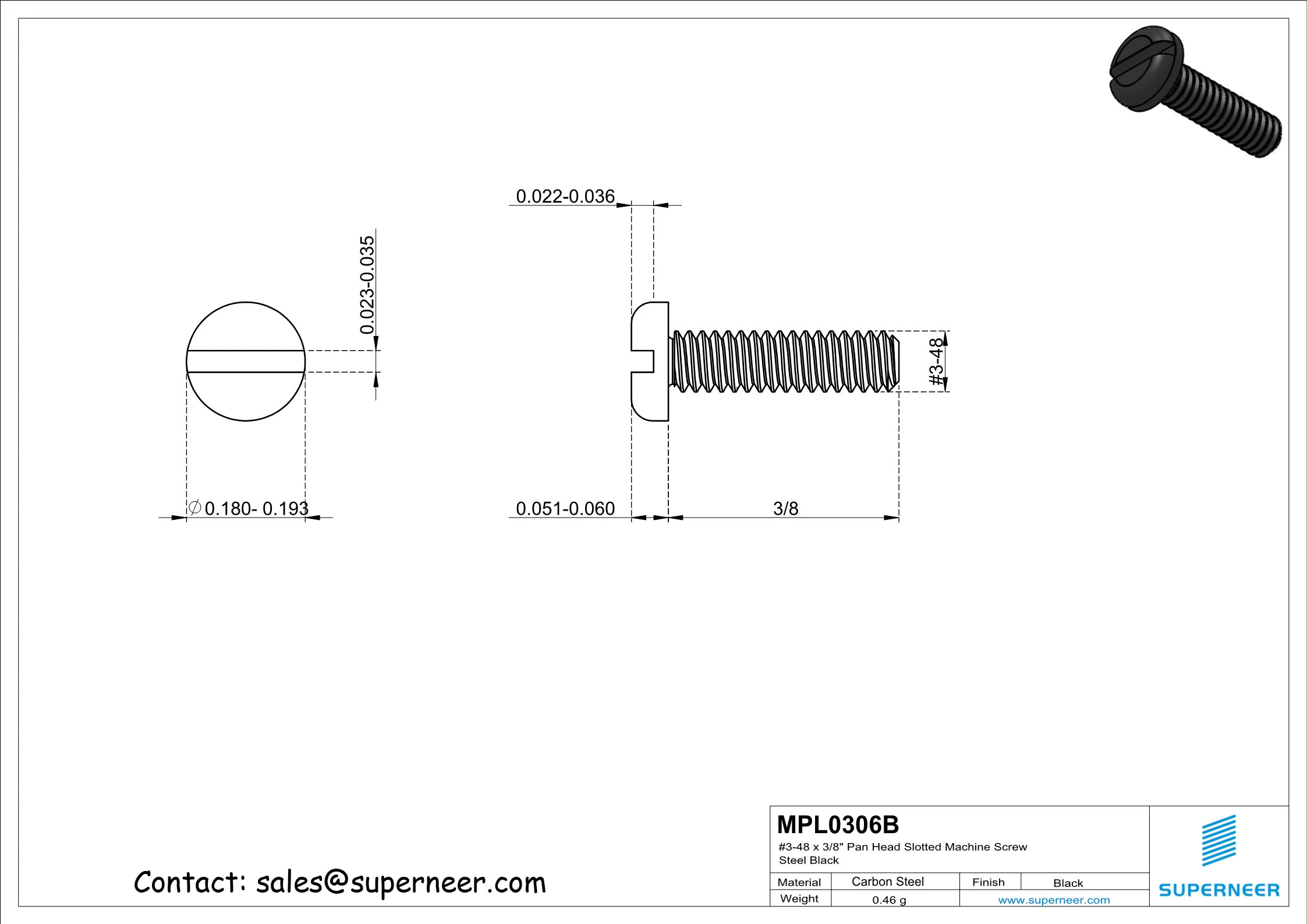 3-48 x 3/8" Pan Head Slotted Machine Screw Steel Black