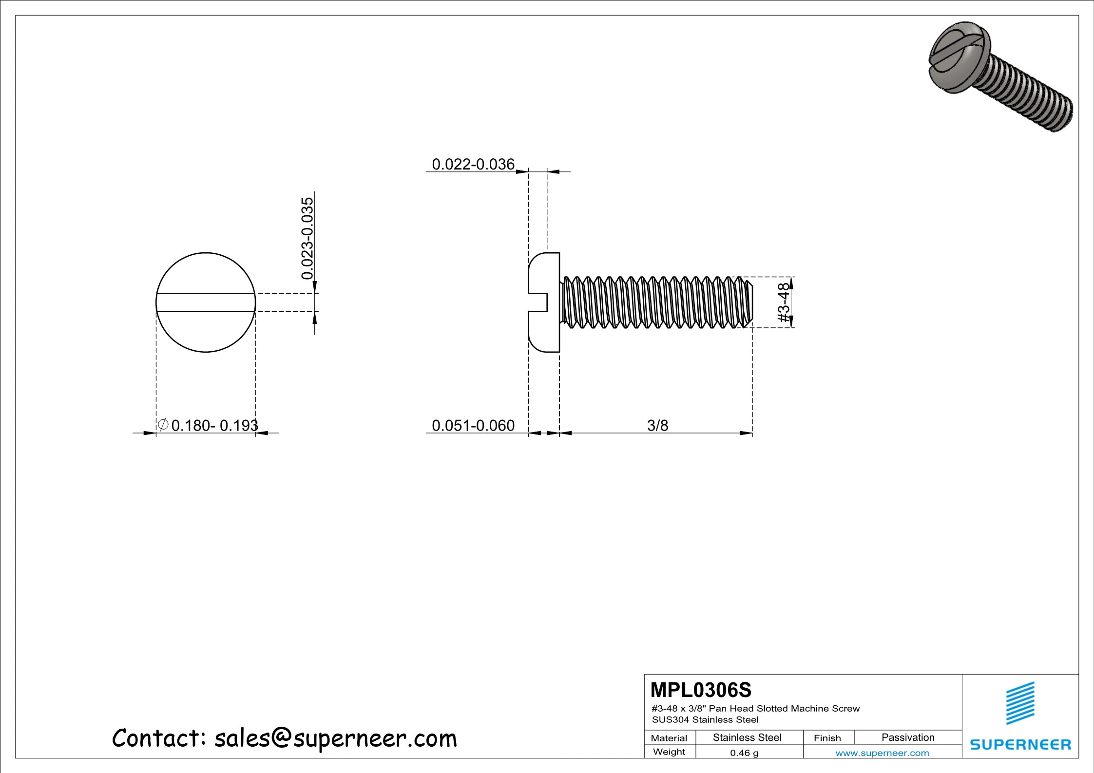 3-48 x 3/8" Pan Head Slotted Machine Screw SUS304 Stainless Steel Inox