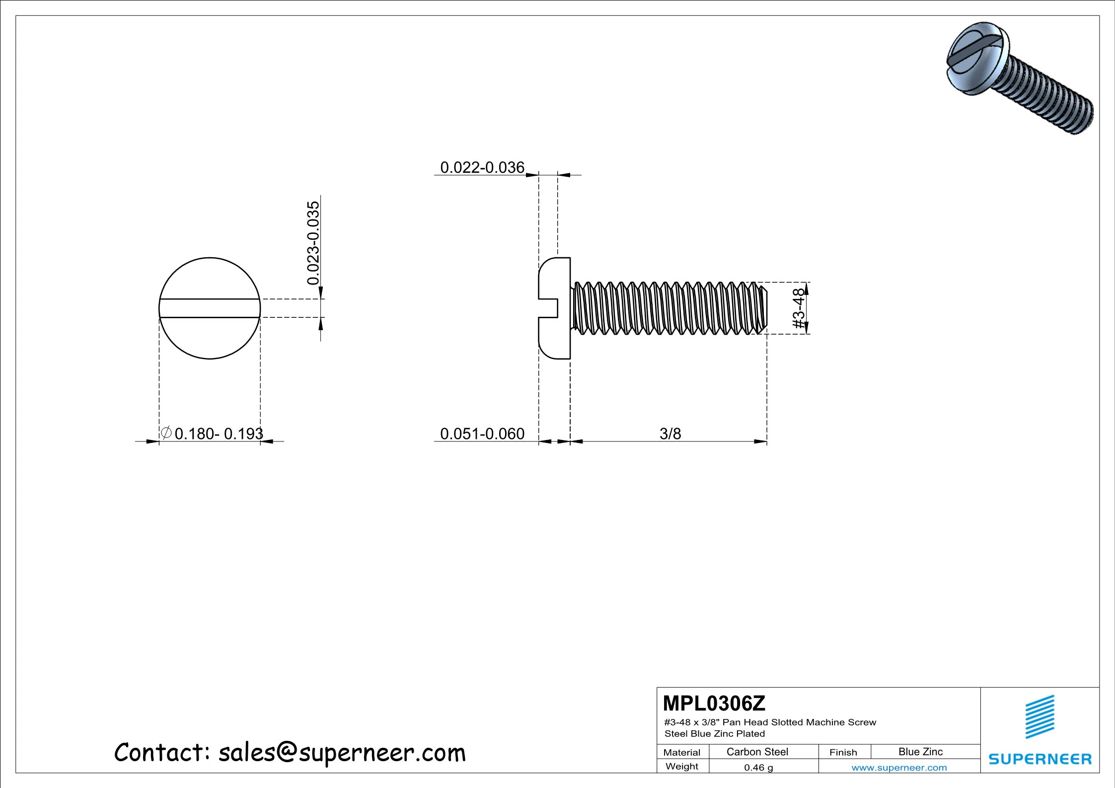 3-48 x 3/8" Pan Head Slotted Machine Screw Steel Blue Zinc Plated