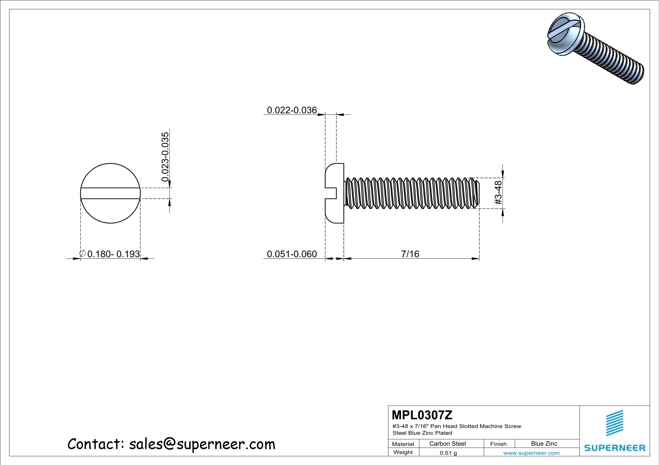 3-48 x 7/16" Pan Head Slotted Machine Screw Steel Blue Zinc Plated