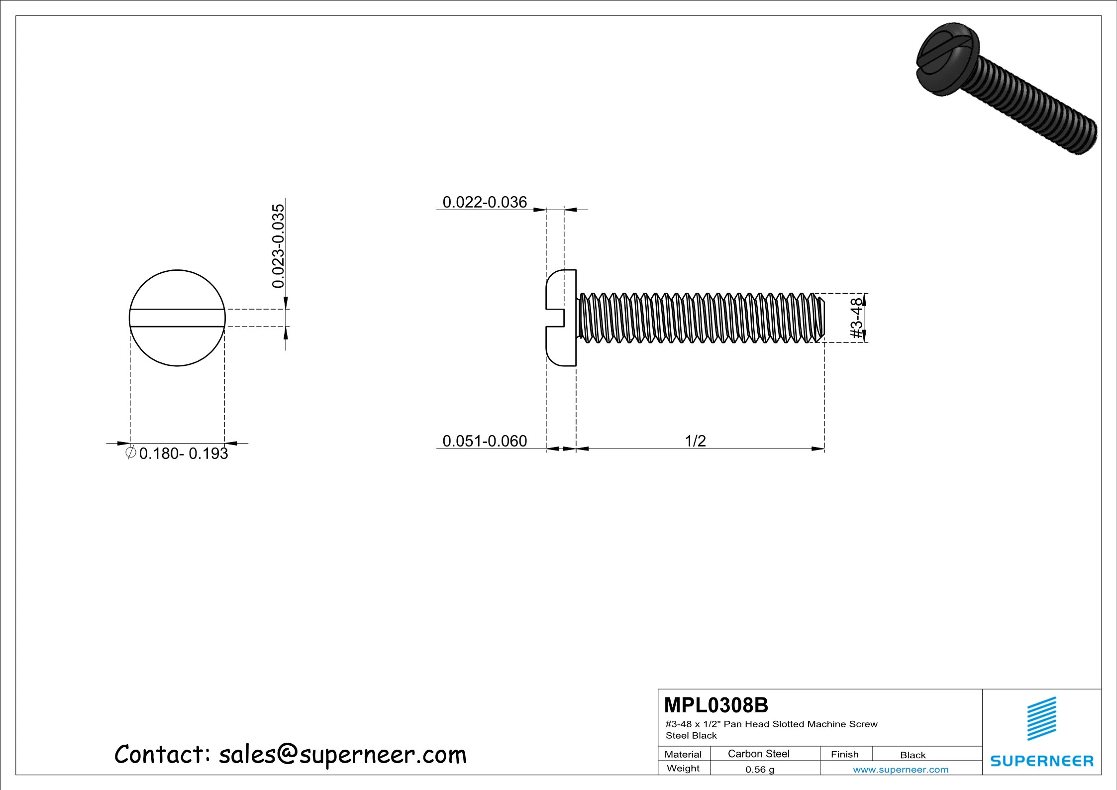 3-48 x 1/2" Pan Head Slotted Machine Screw Steel Black