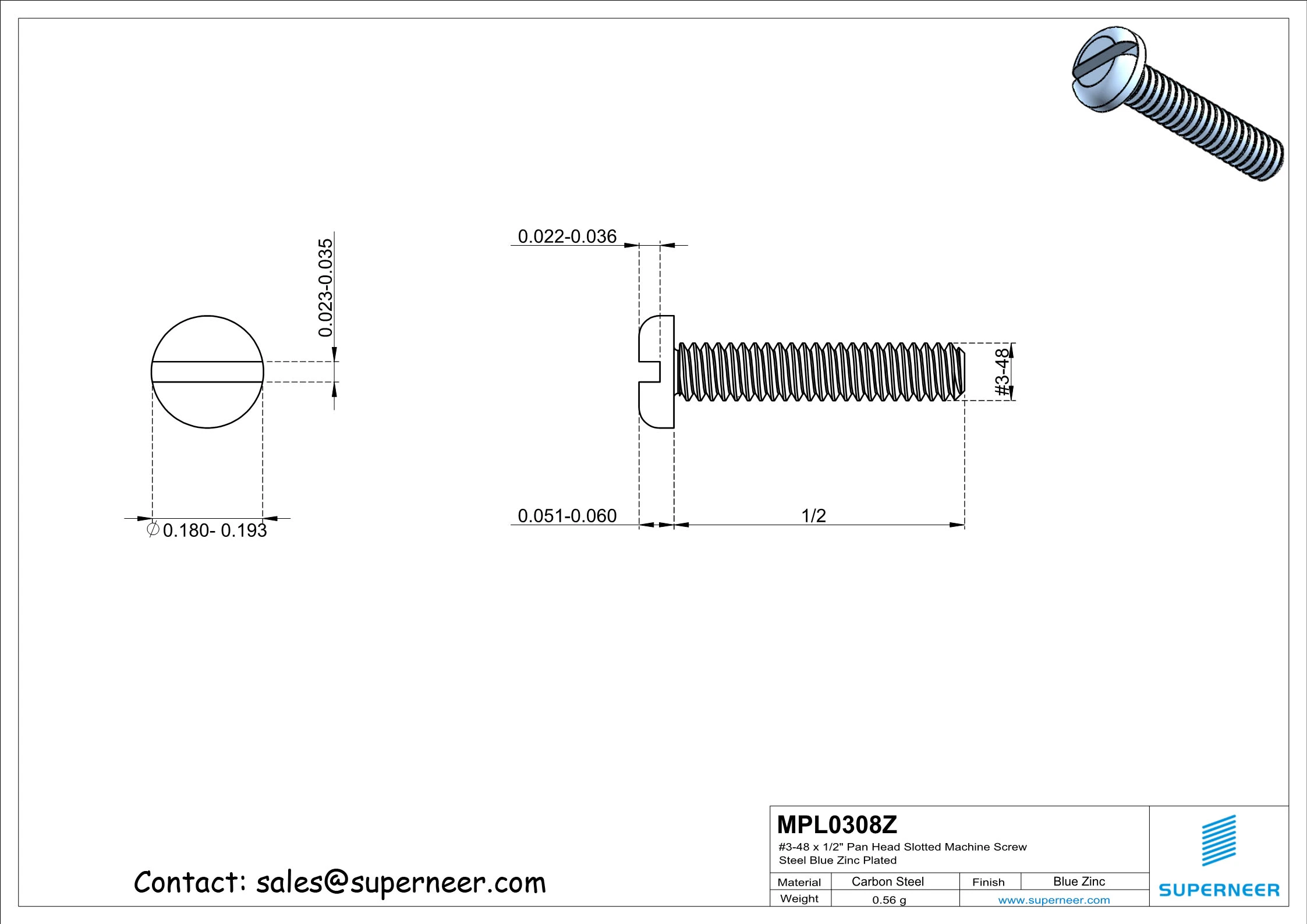 3-48 x 1/2" Pan Head Slotted Machine Screw Steel Blue Zinc Plated