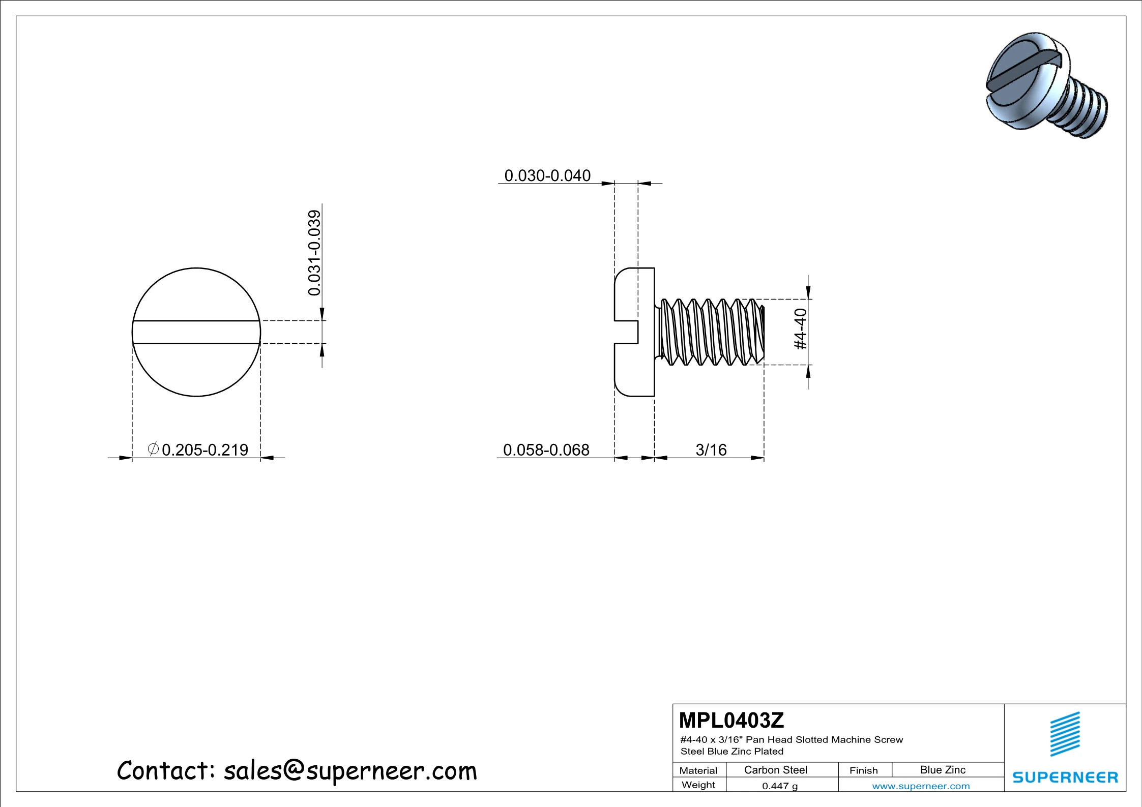 4-40 x 3/16" Pan Head Slotted Machine Screw Steel Blue Zinc Plated