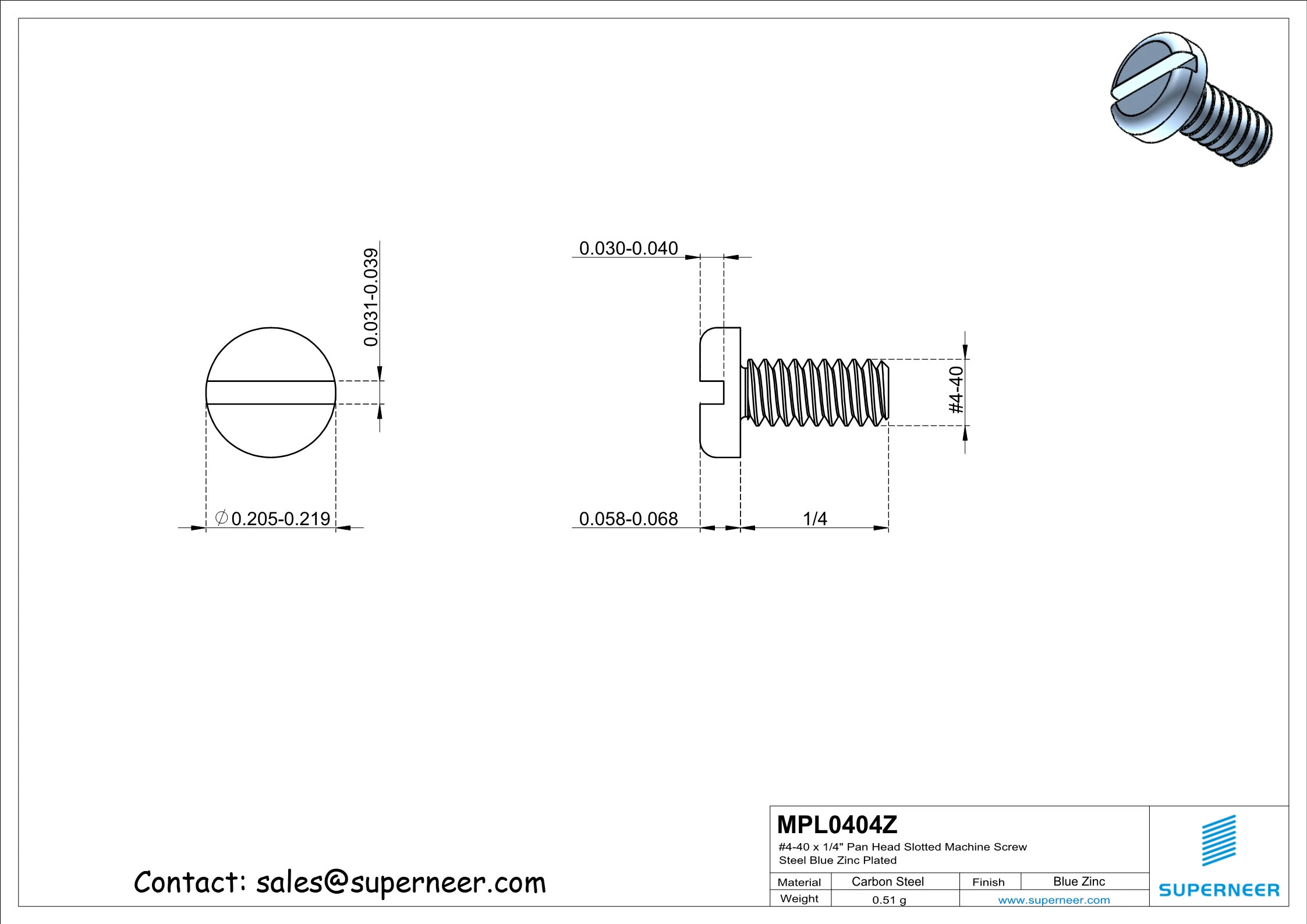 4-40 x 1/4" Pan Head Slotted Machine Screw Steel Blue Zinc Plated