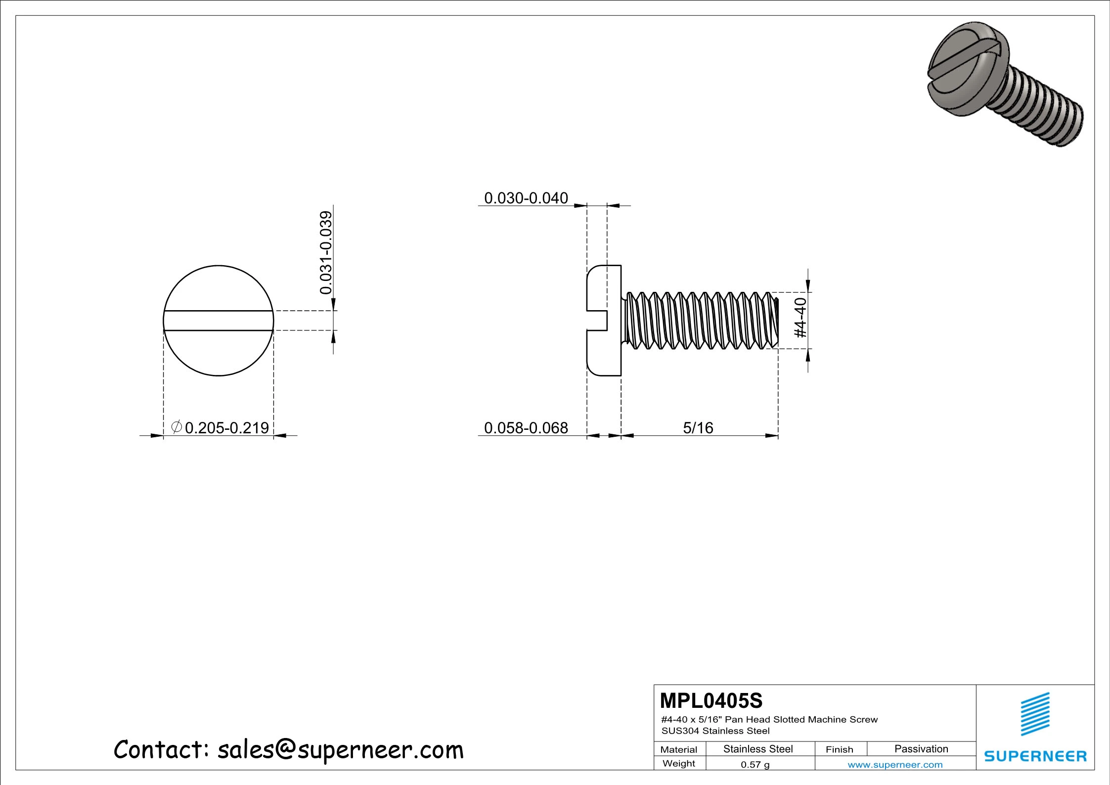 4-40 x 5/16" Pan Head Slotted Machine Screw SUS304 Stainless Steel Inox