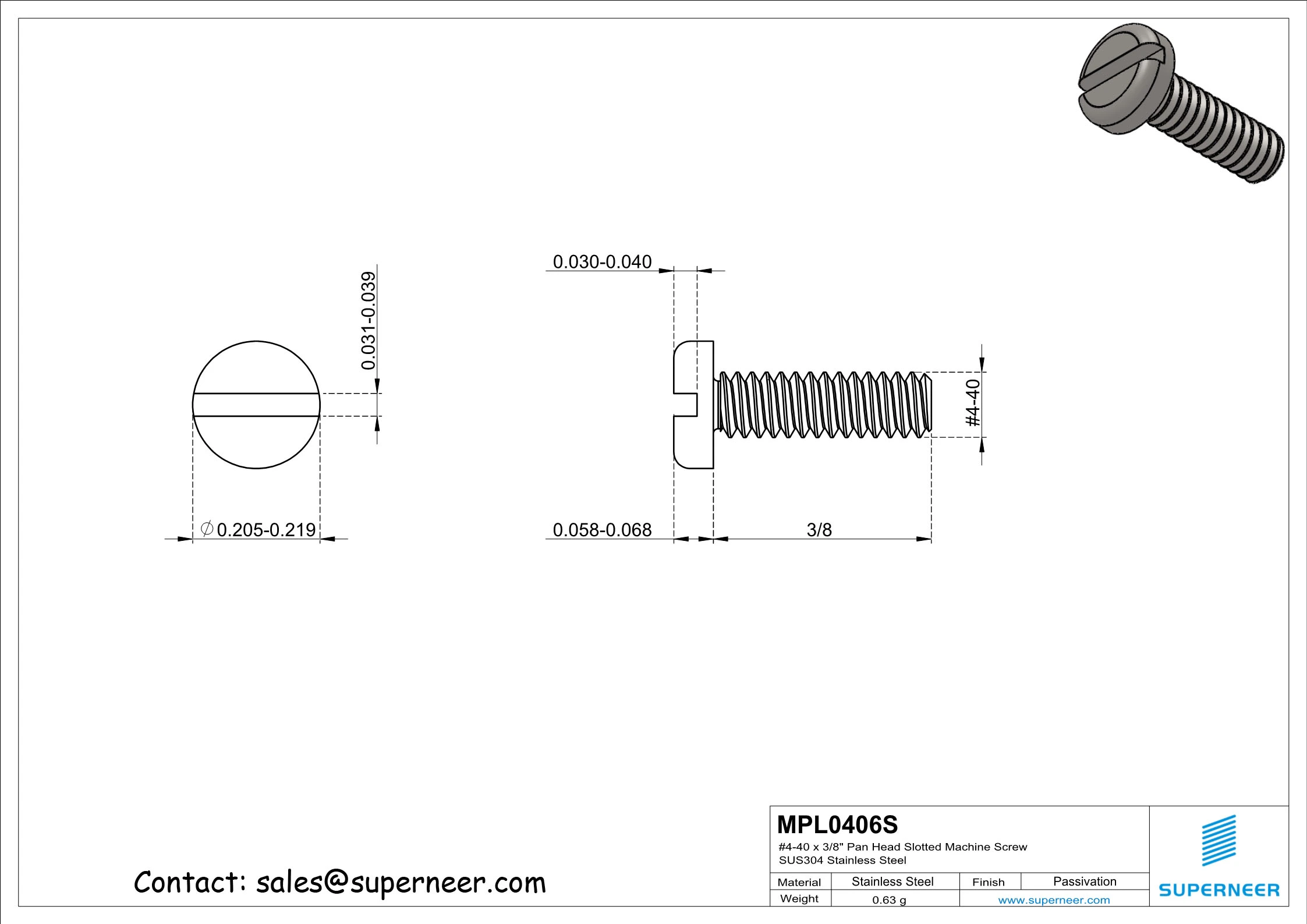 4-40 x 3/8" Pan Head Slotted Machine Screw SUS304 Stainless Steel Inox