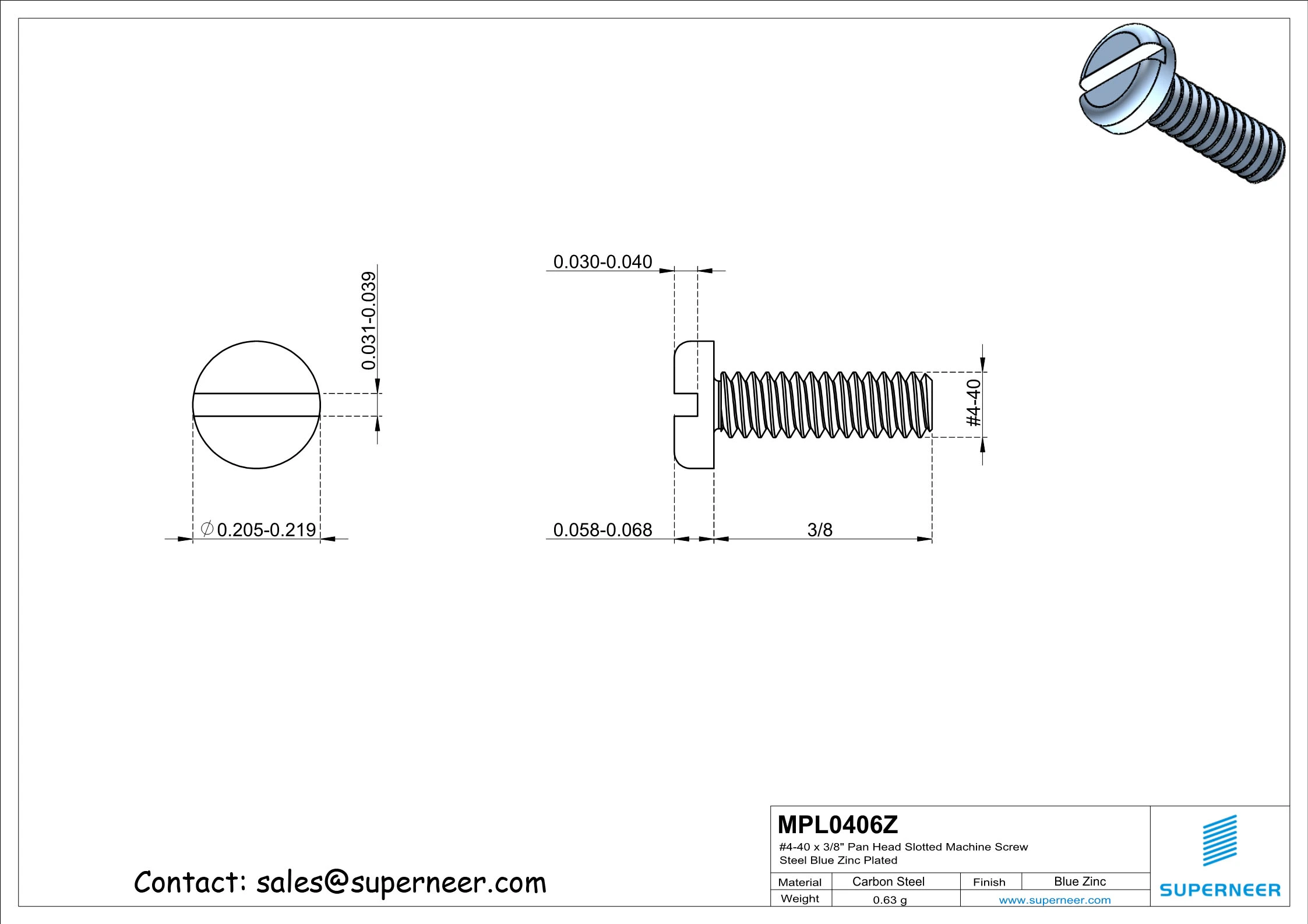 4-40 x 3/8" Pan Head Slotted Machine Screw Steel Blue Zinc Plated