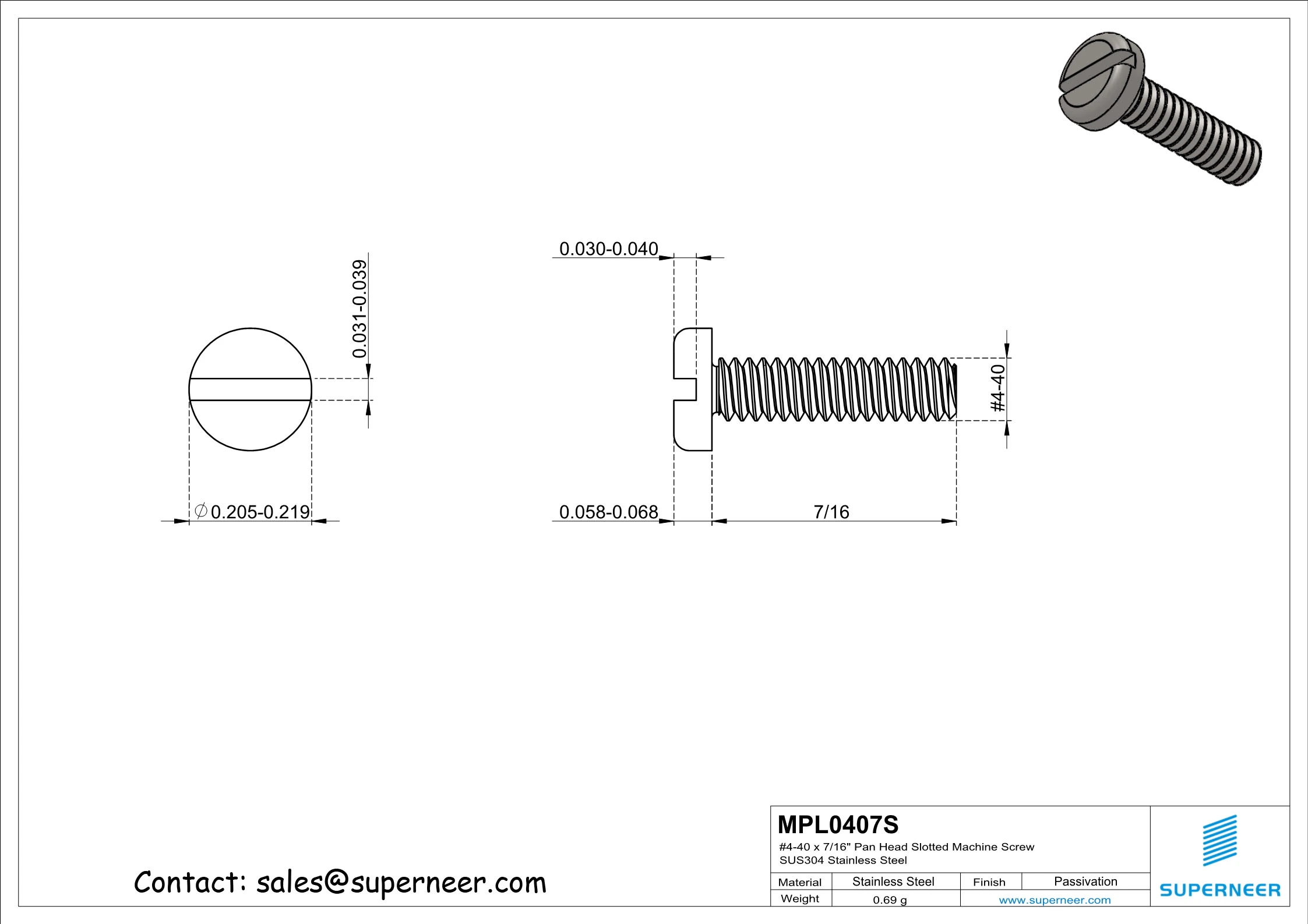 4-40 x 7/16" Pan Head Slotted Machine Screw SUS304 Stainless Steel Inox