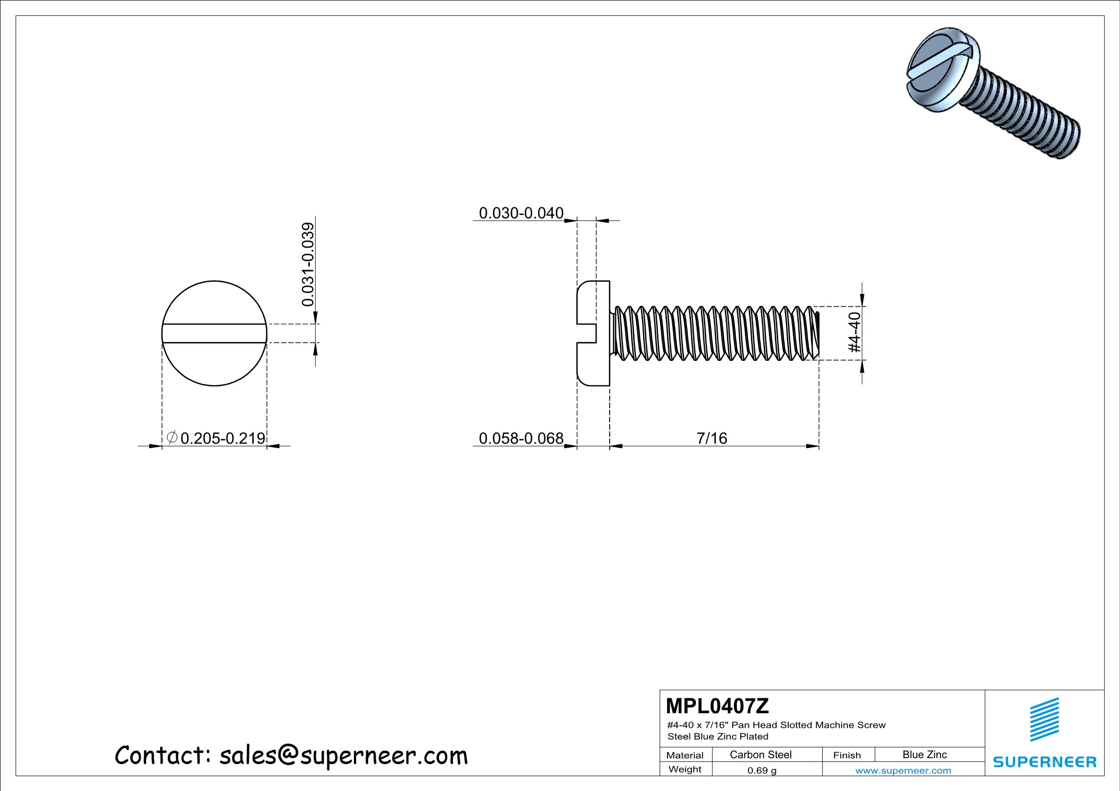 4-40 x 7/16" Pan Head Slotted Machine Screw Steel Blue Zinc Plated