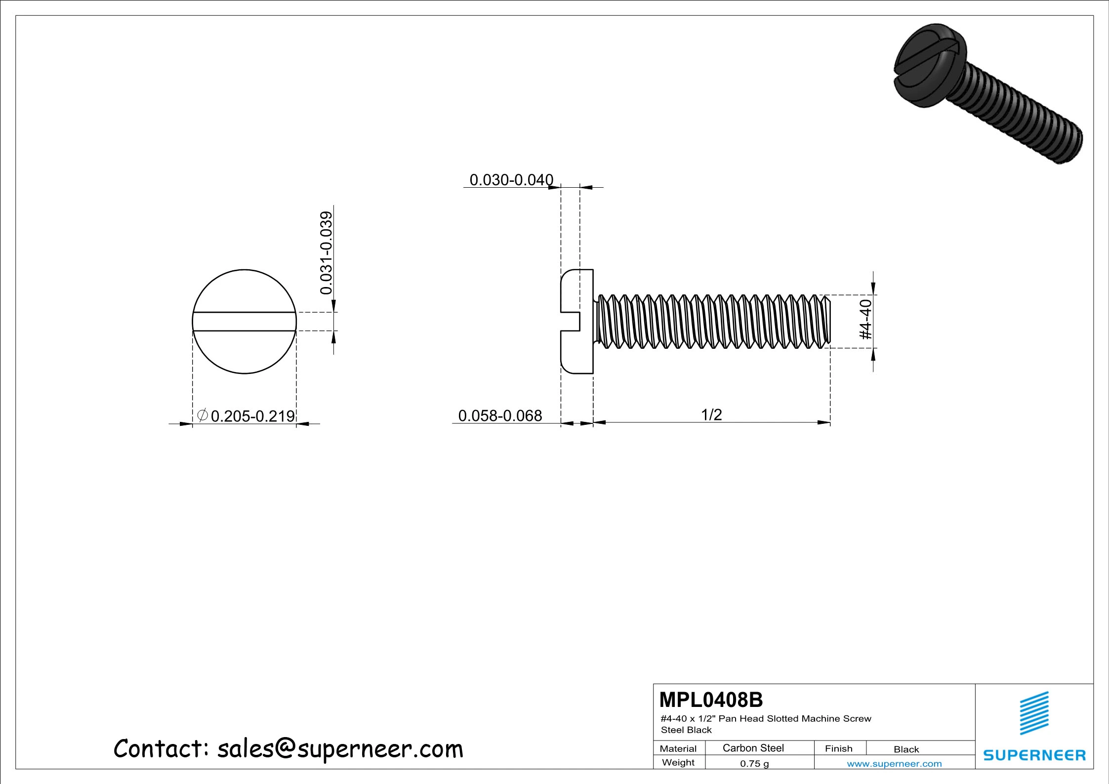 4-40 x 1/2" Pan Head Slotted Machine Screw Steel Black