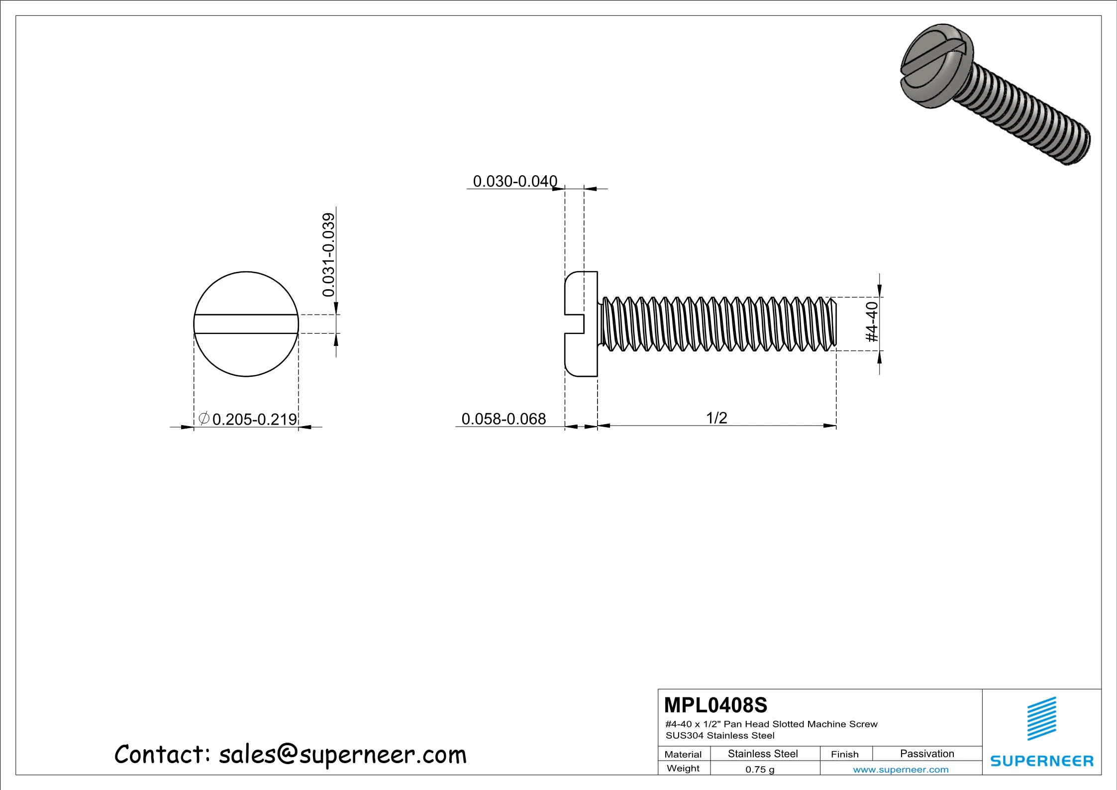 4-40 x 1/2" Pan Head Slotted Machine Screw SUS304 Stainless Steel Inox