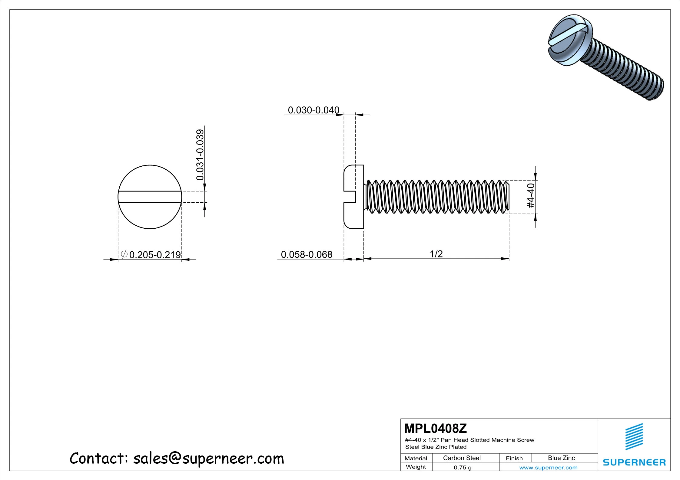 4-40 x 1/2" Pan Head Slotted Machine Screw Steel Blue Zinc Plated