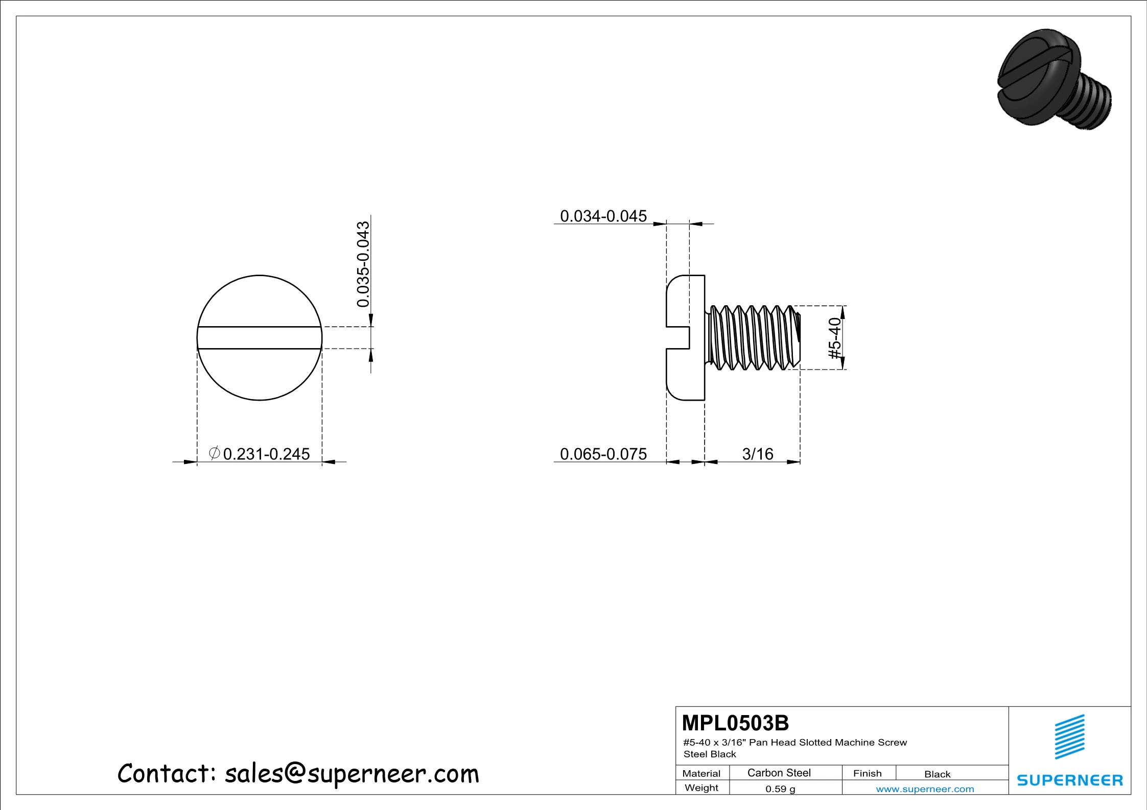 5-40 x 3/16" Pan Head Slotted Machine Screw Steel Black