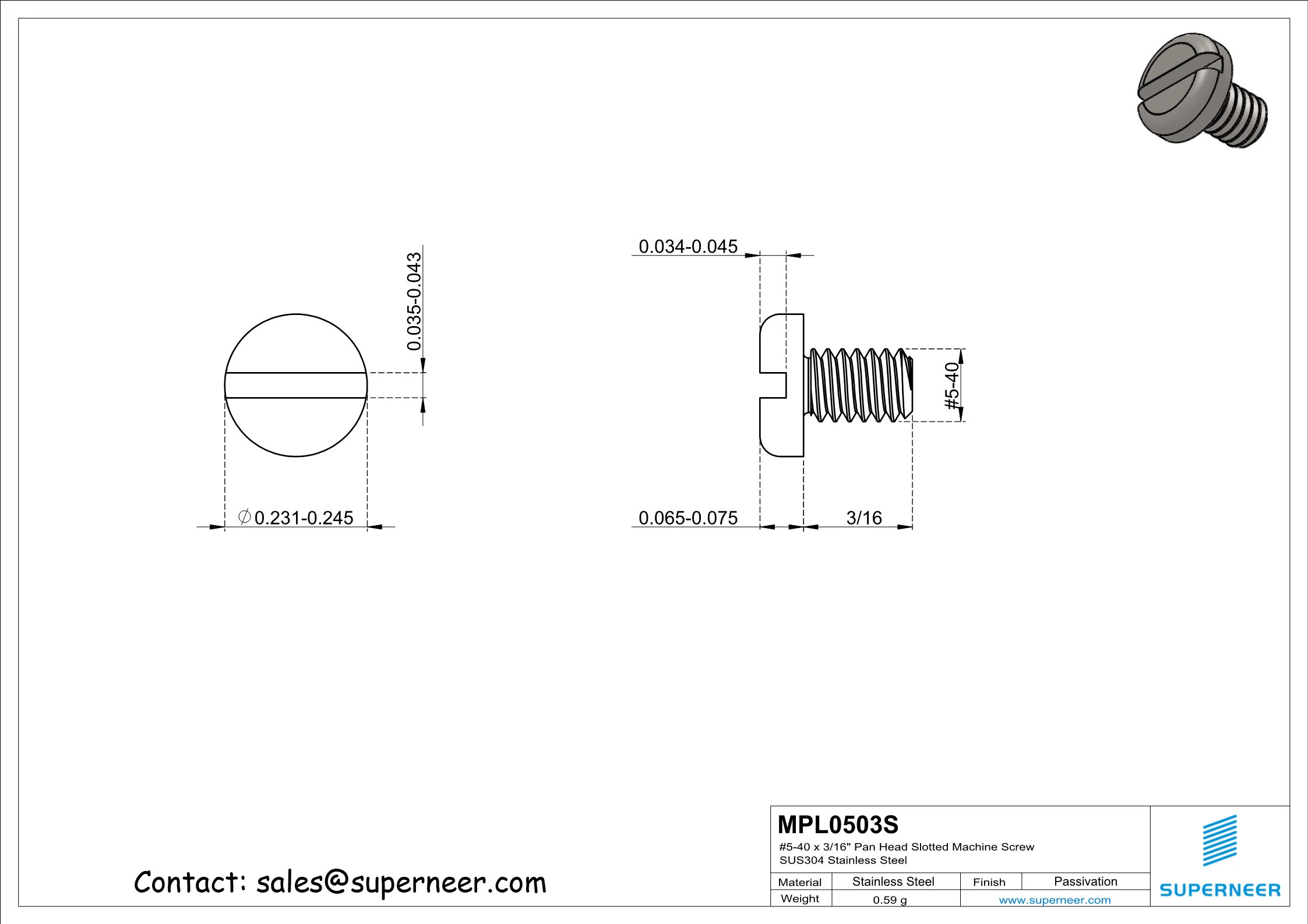 5-40 x 3/16" Pan Head Slotted Machine Screw SUS304 Stainless Steel Inox