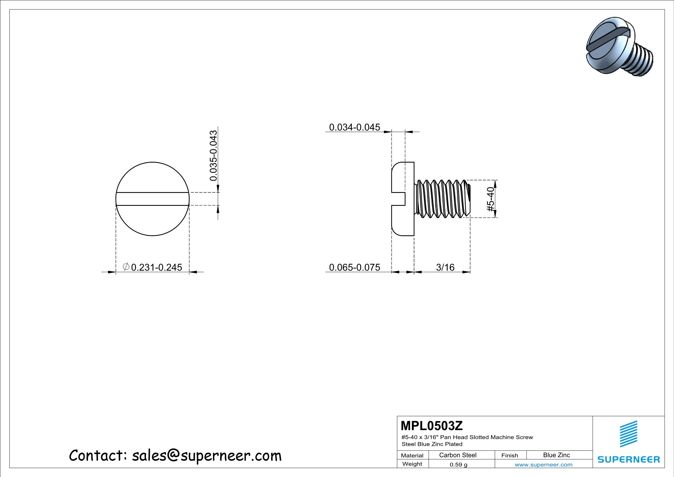 5-40 x 3/16" Pan Head Slotted Machine Screw Steel Blue Zinc Plated