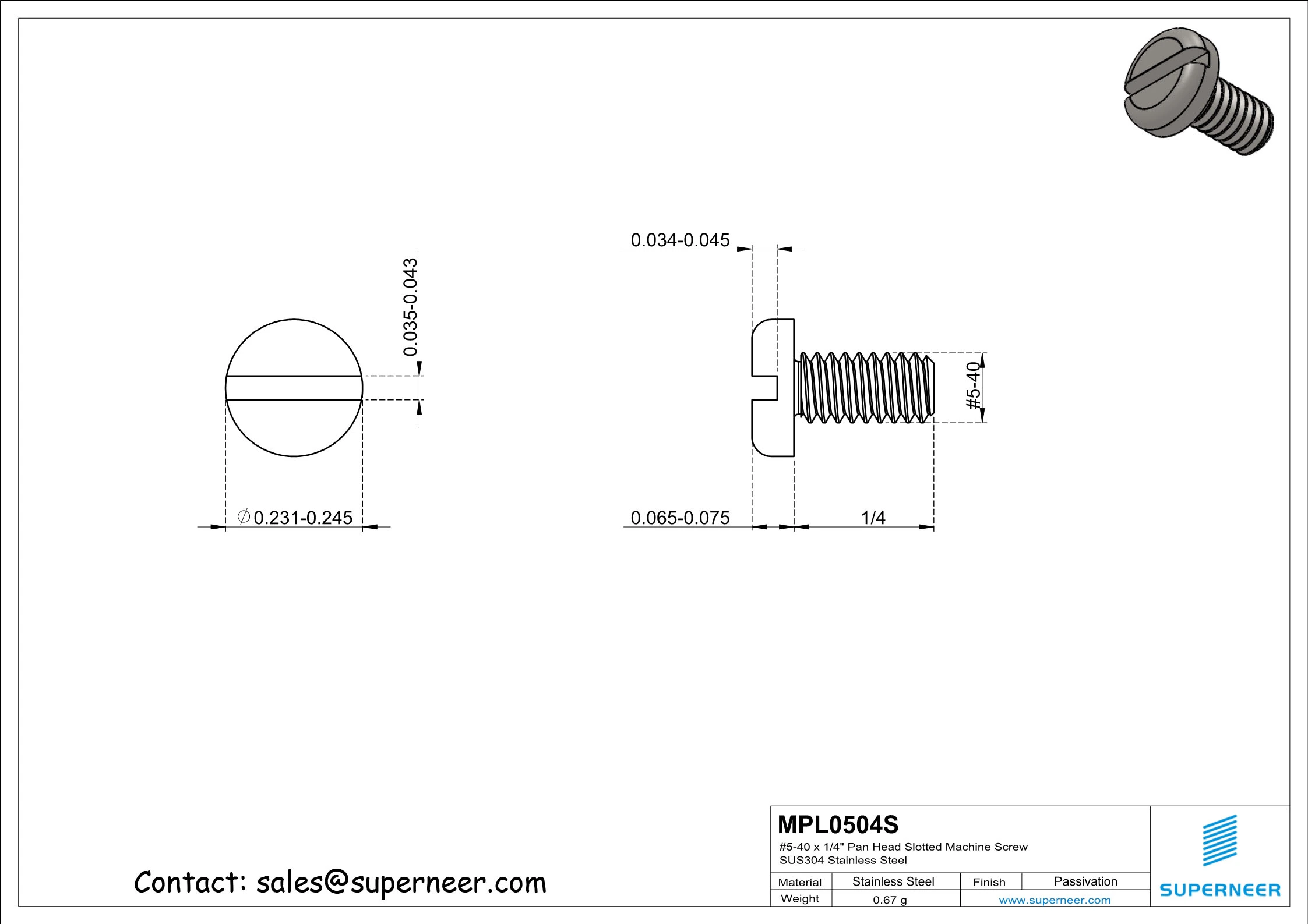 5-40 x 1/4" Pan Head Slotted Machine Screw SUS304 Stainless Steel Inox