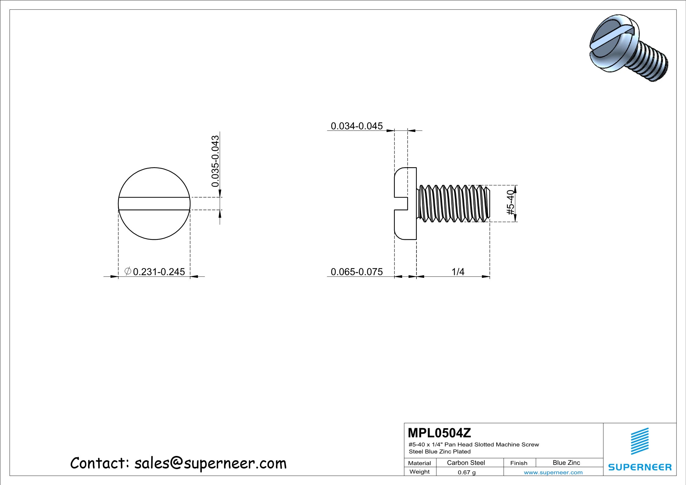 5-40 x 1/4" Pan Head Slotted Machine Screw Steel Blue Zinc Plated