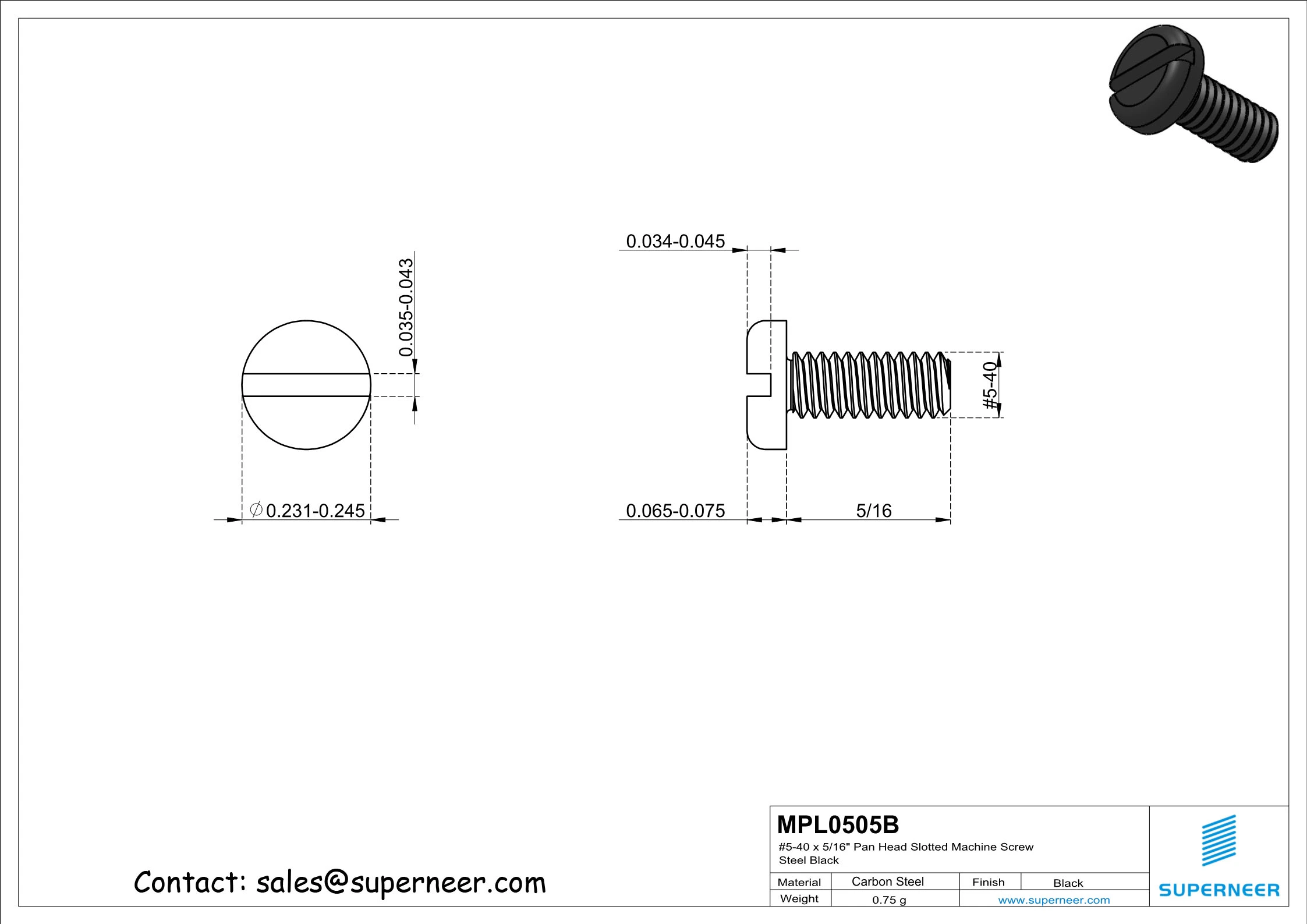 5-40 x 5/16" Pan Head Slotted Machine Screw Steel Black