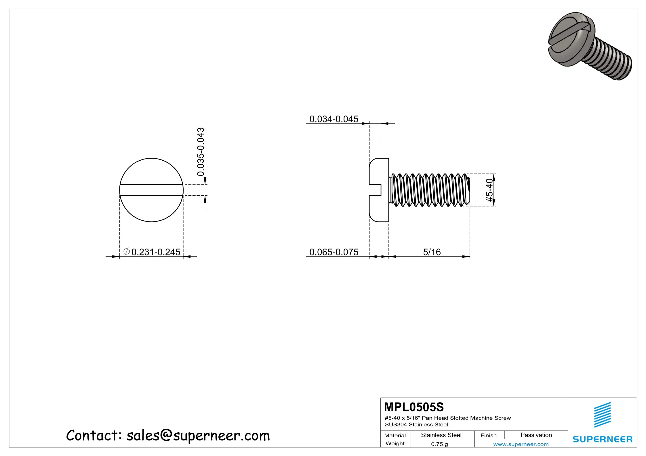 5-40 x 5/16" Pan Head Slotted Machine Screw SUS304 Stainless Steel Inox