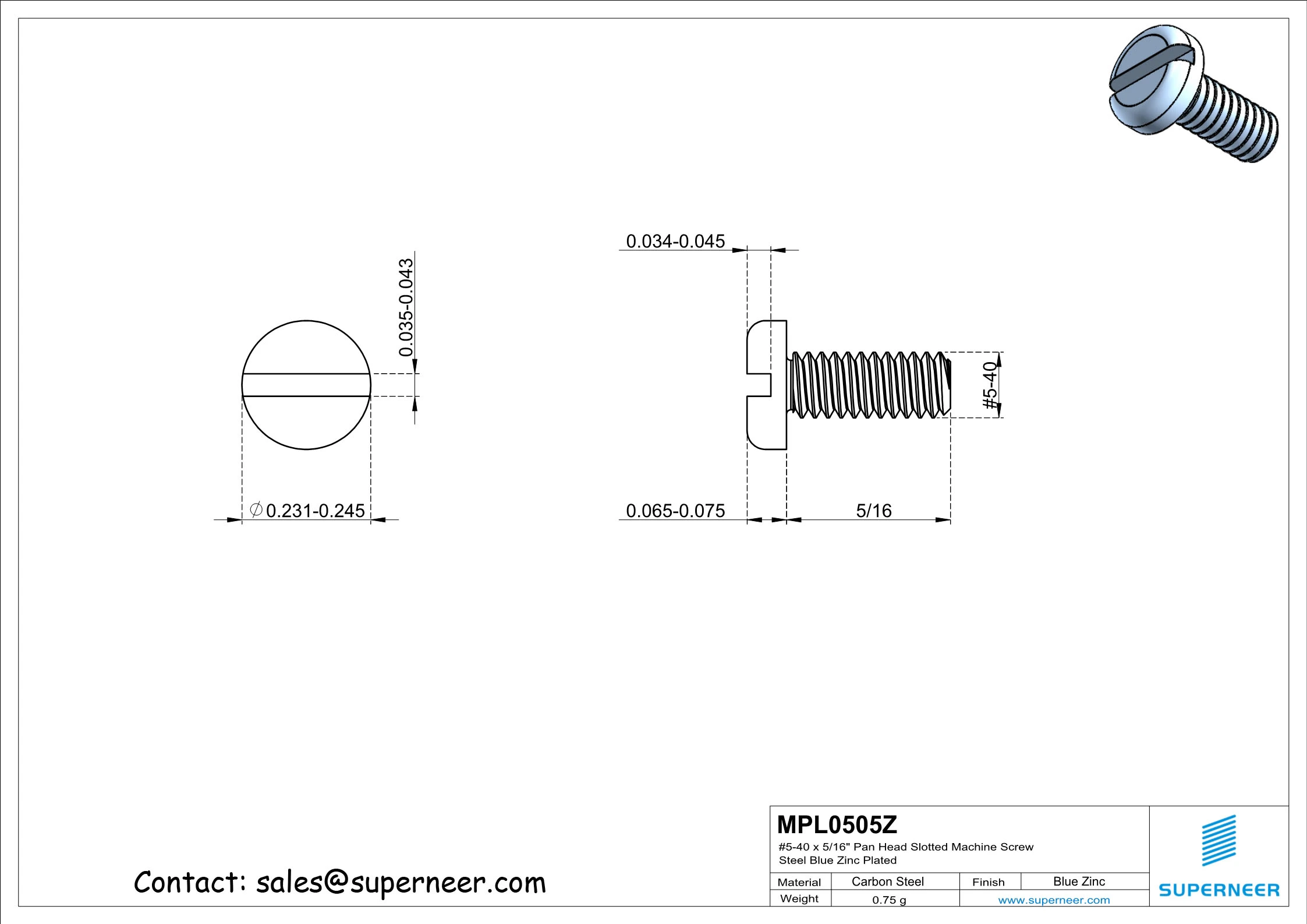 5-40 x 5/16" Pan Head Slotted Machine Screw Steel Blue Zinc Plated