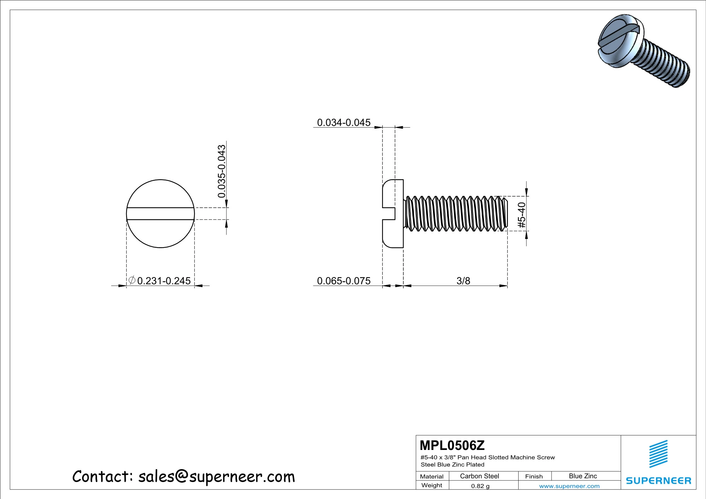 5-40 x 3/8" Pan Head Slotted Machine Screw Steel Blue Zinc Plated