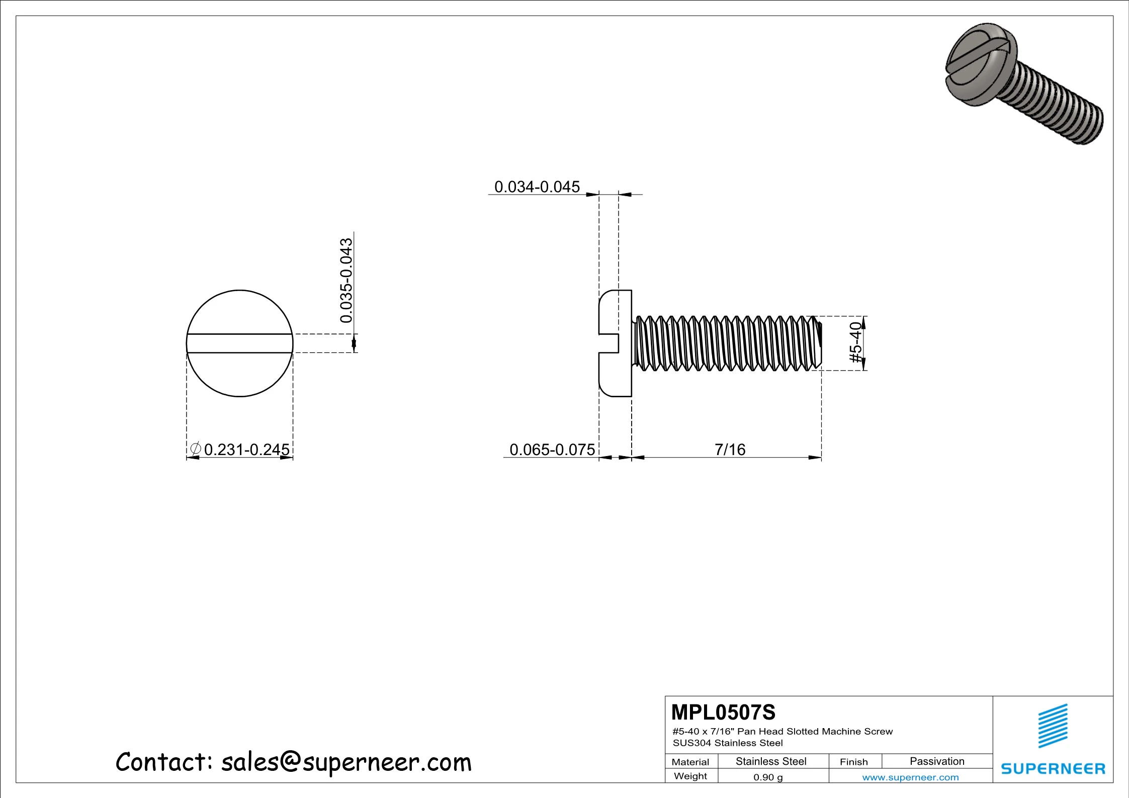 5-40 x 7/16" Pan Head Slotted Machine Screw SUS304 Stainless Steel Inox