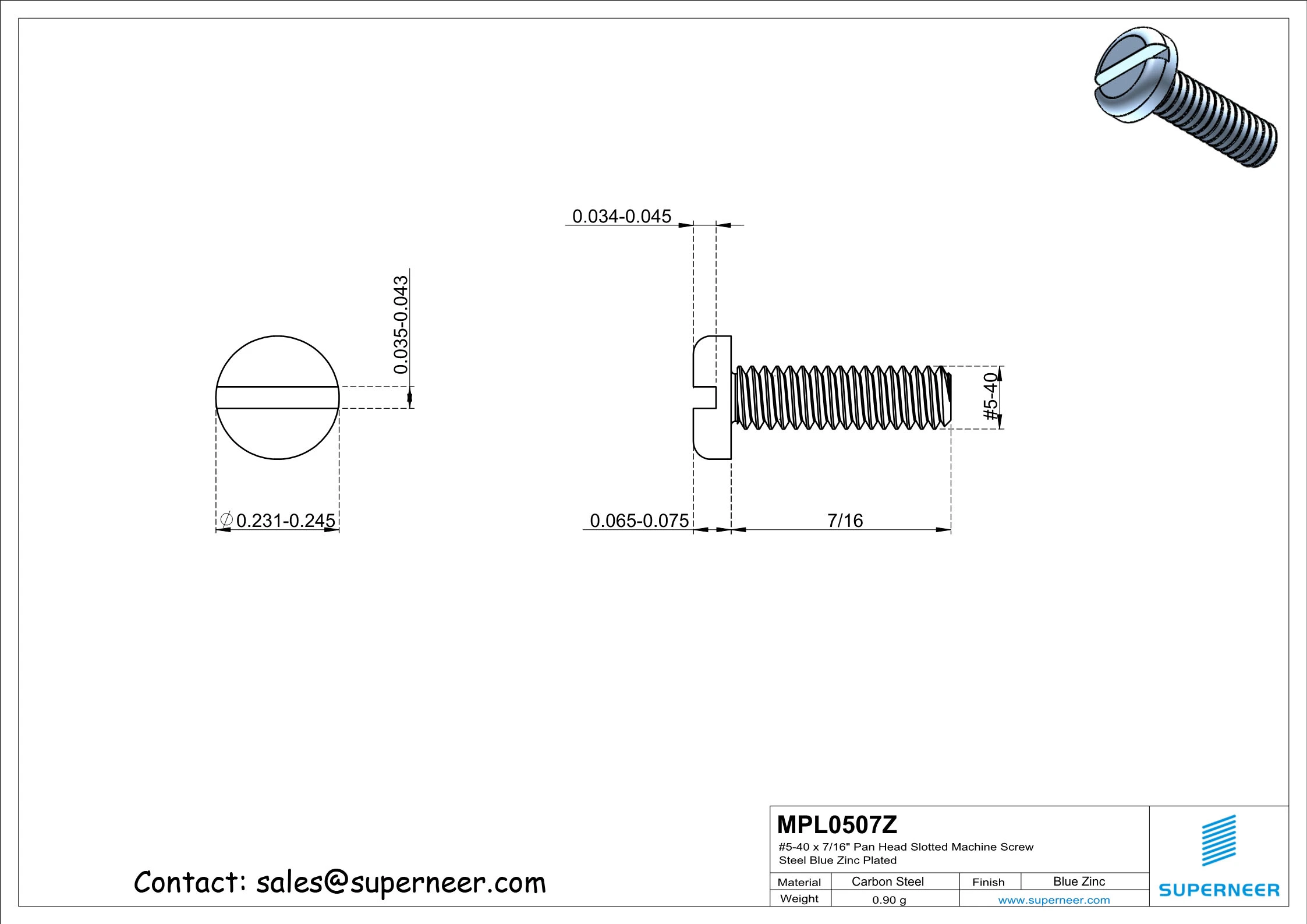 5-40 x 7/16" Pan Head Slotted Machine Screw Steel Blue Zinc Plated