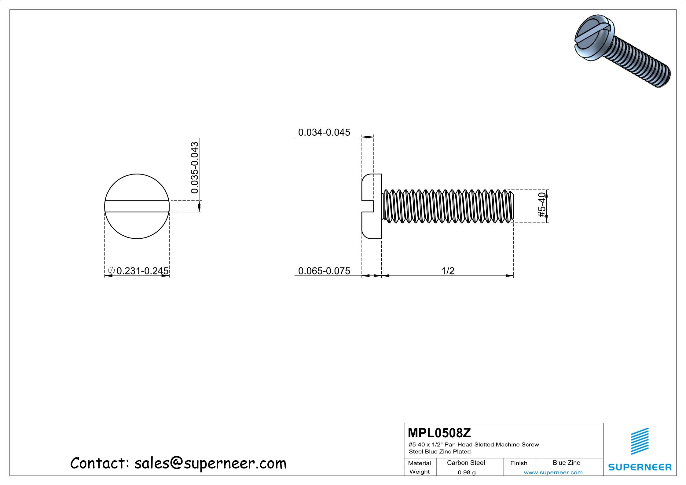 5-40 x 1/2" Pan Head Slotted Machine Screw Steel Blue Zinc Plated