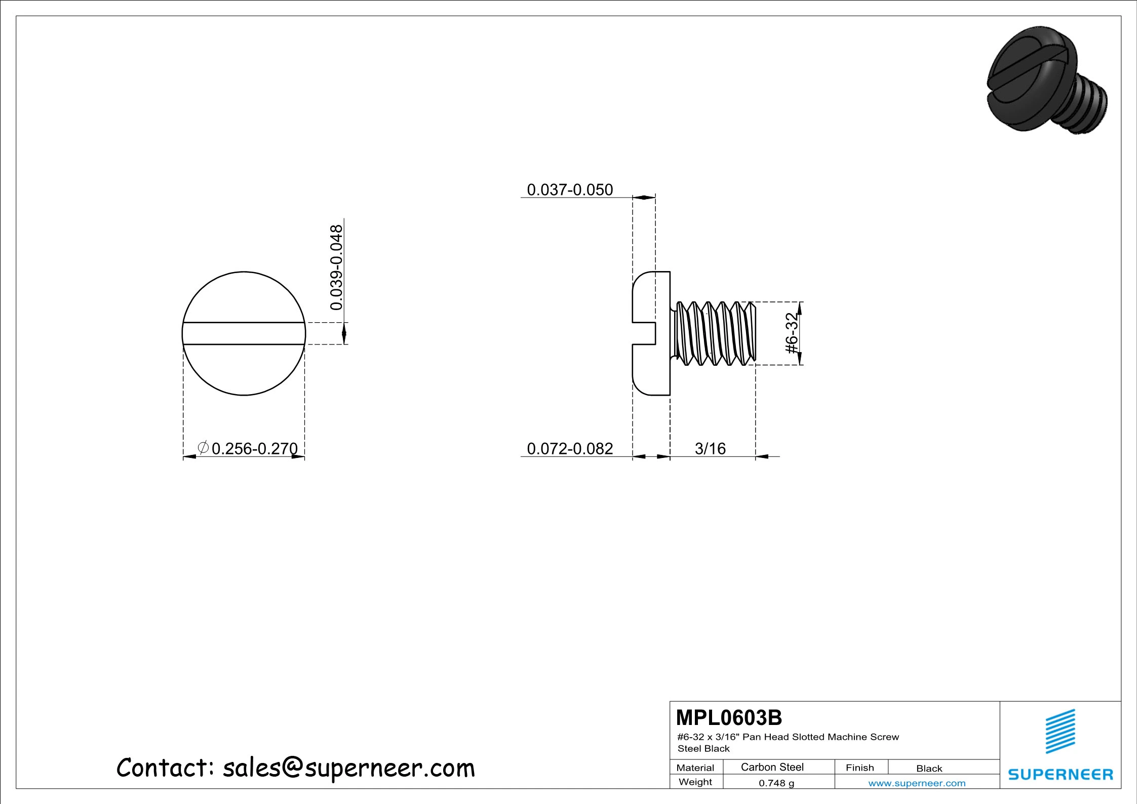 6-32 x 3/16" Pan Head Slotted Machine Screw Steel Black