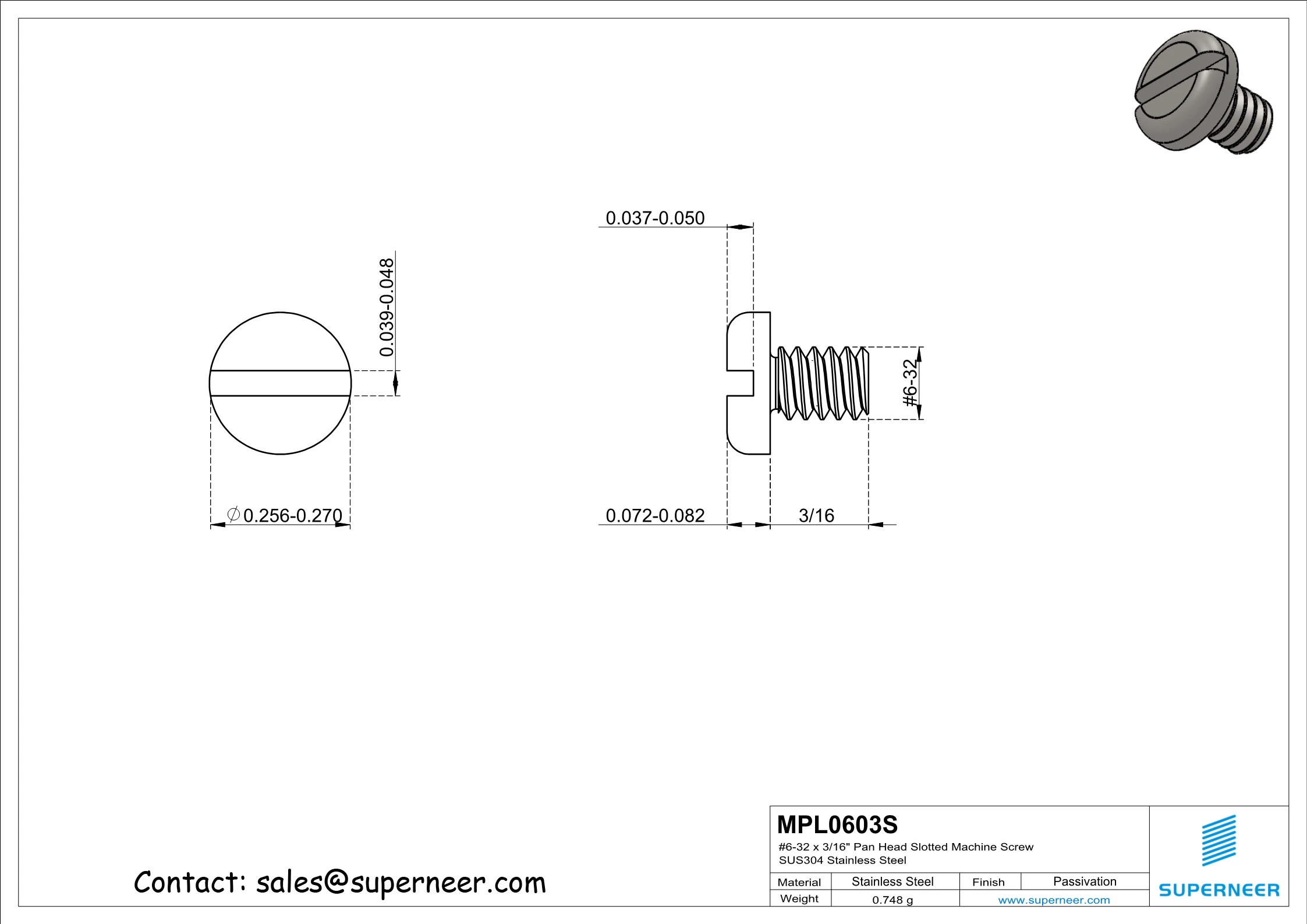 6-32 x 3/16" Pan Head Slotted Machine Screw SUS304 Stainless Steel Inox