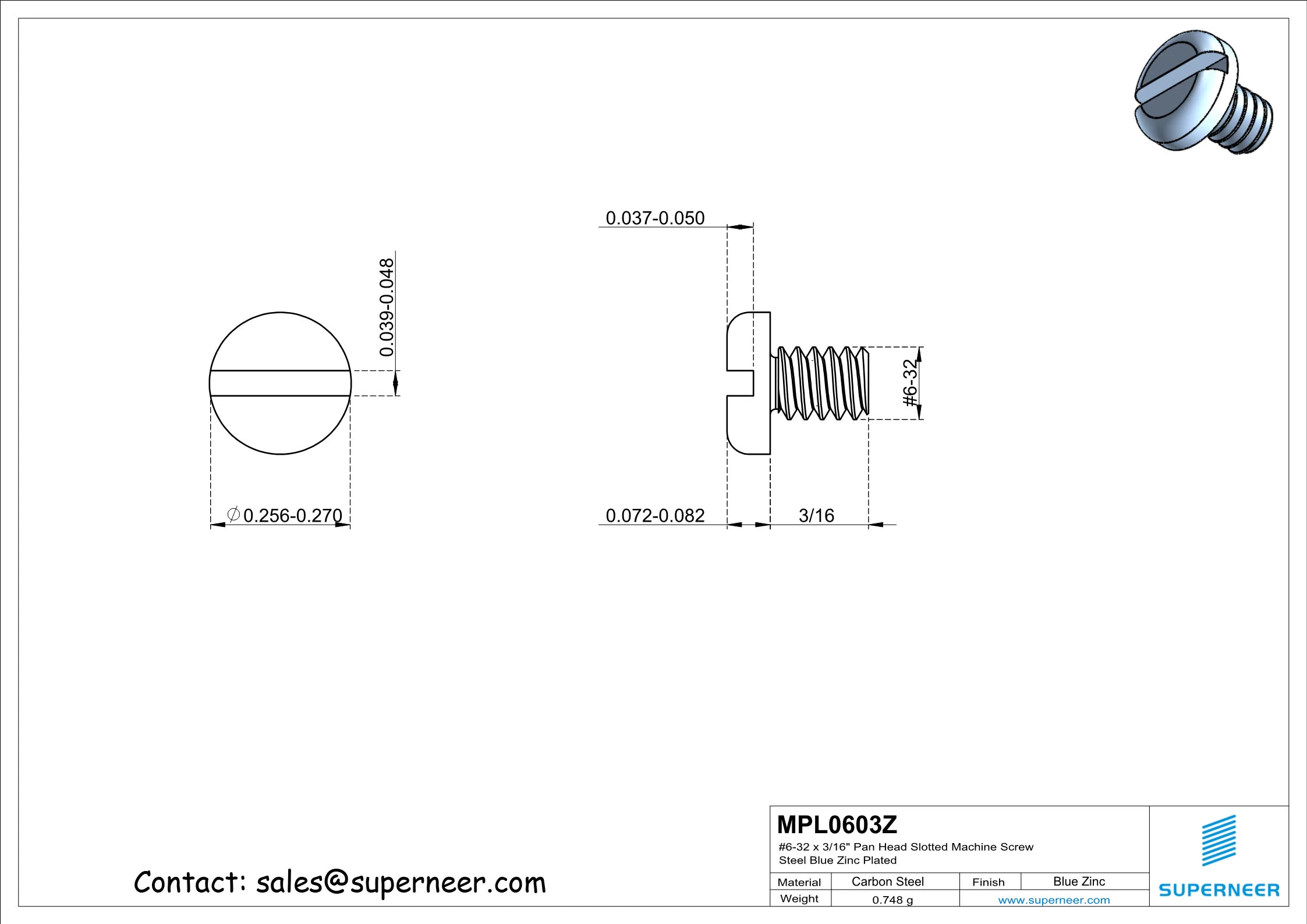 6-32 x 3/16" Pan Head Slotted Machine Screw Steel Blue Zinc Plated