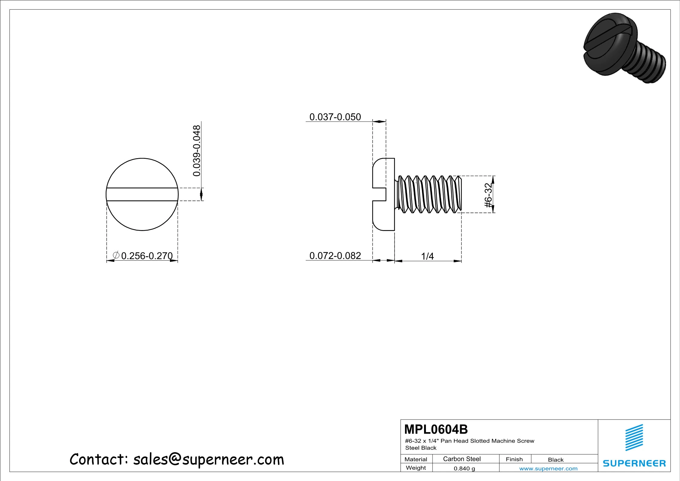 6-32 x 1/4" Pan Head Slotted Machine Screw Steel Black