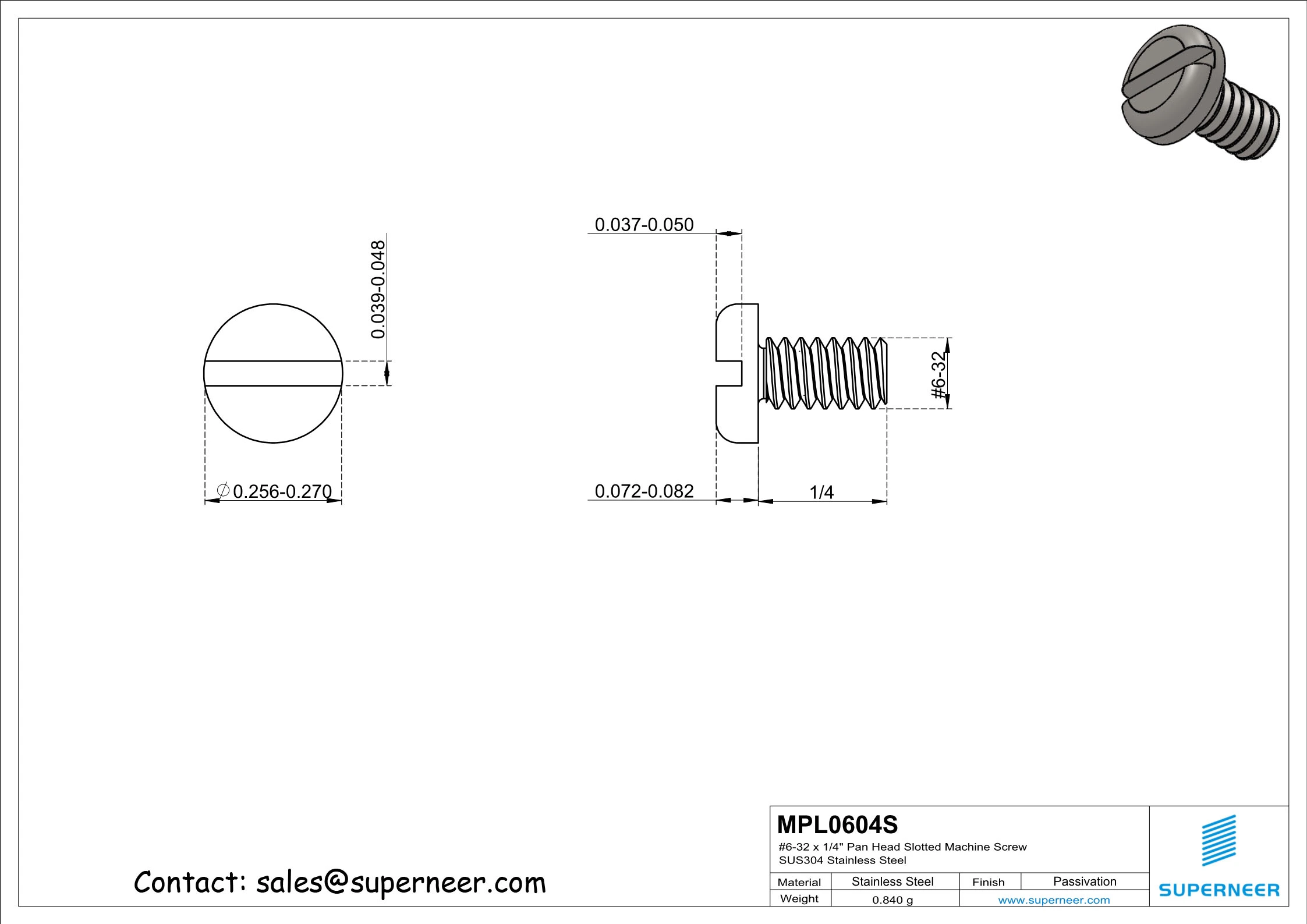 6-32 x 1/4" Pan Head Slotted Machine Screw SUS304 Stainless Steel Inox