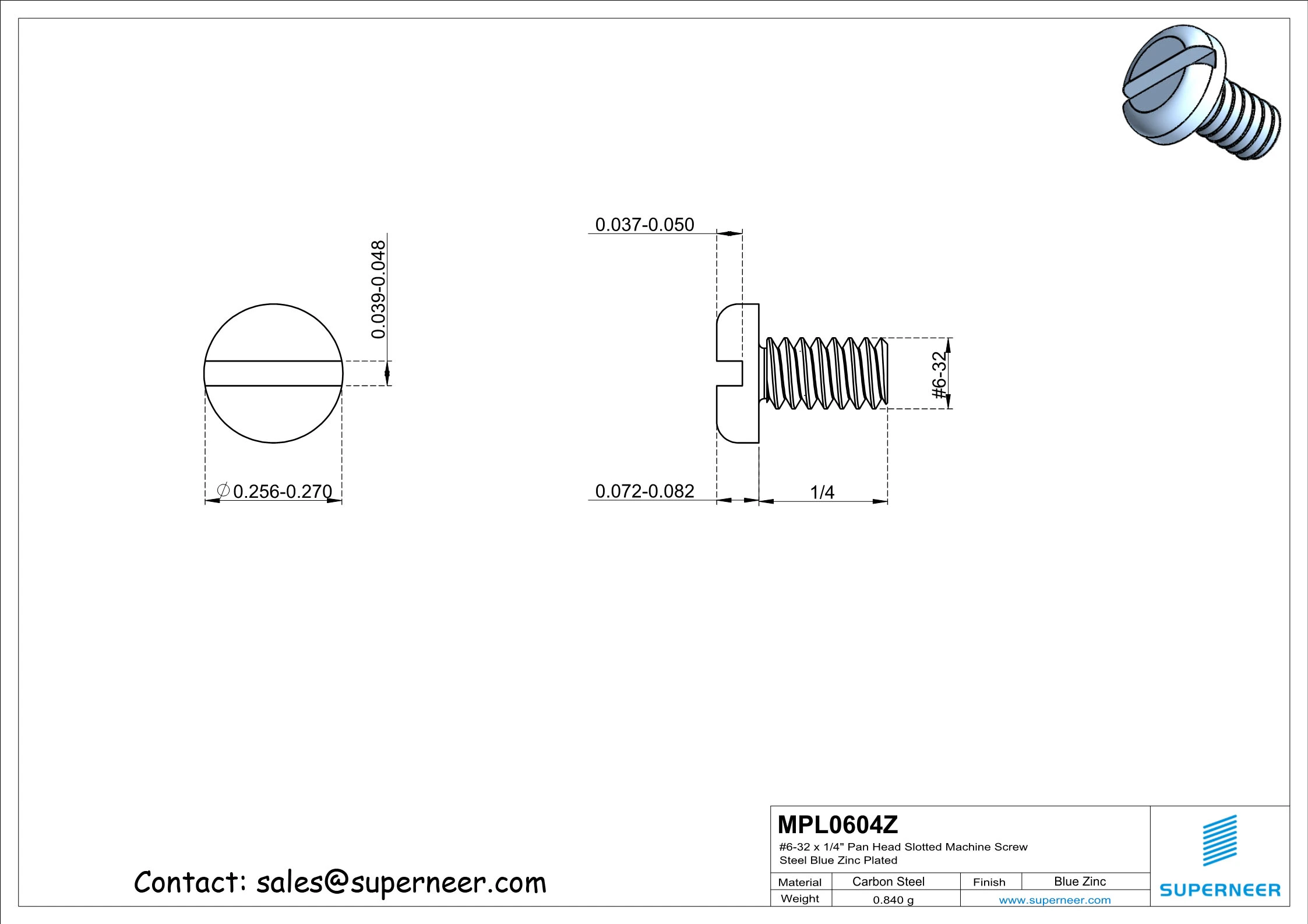 6-32 x 1/4" Pan Head Slotted Machine Screw Steel Blue Zinc Plated