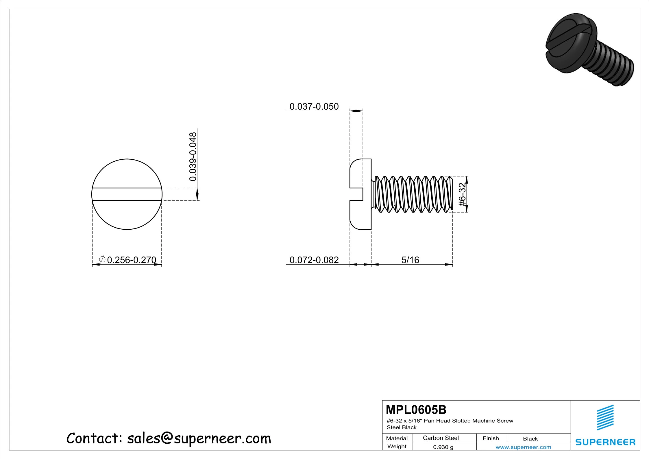 6-32 x 5/16" Pan Head Slotted Machine Screw Steel Black