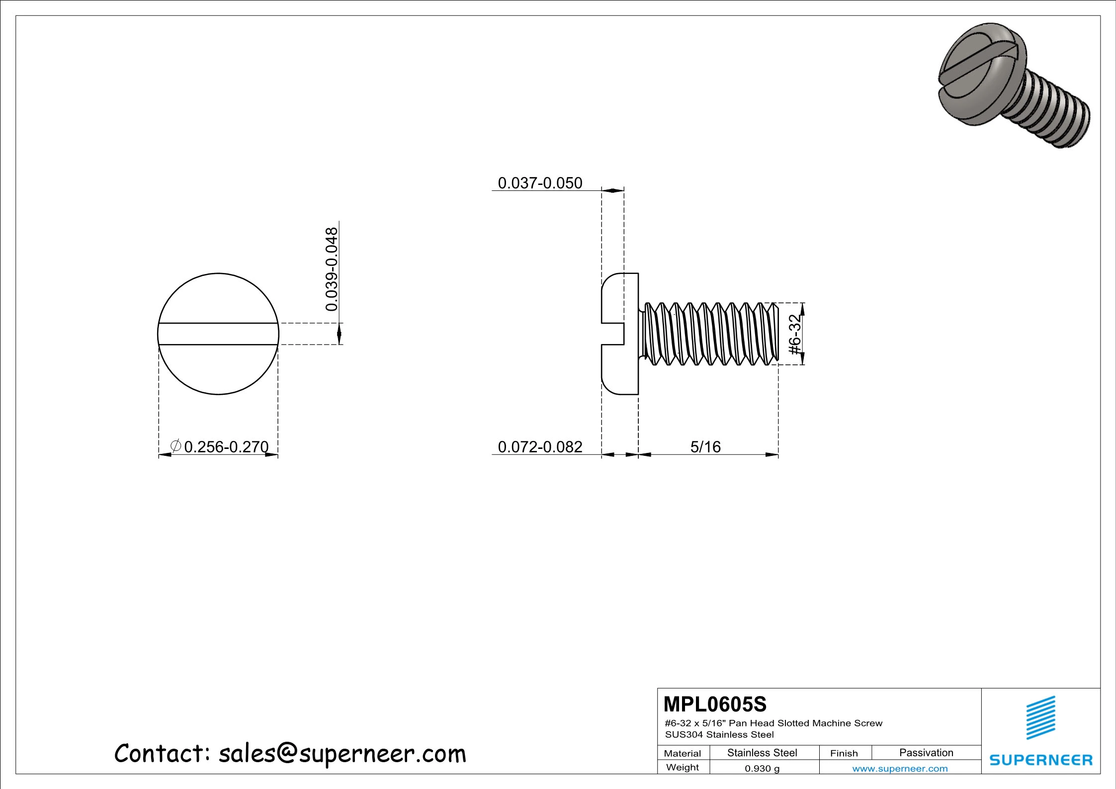 6-32 x 5/16" Pan Head Slotted Machine Screw SUS304 Stainless Steel Inox