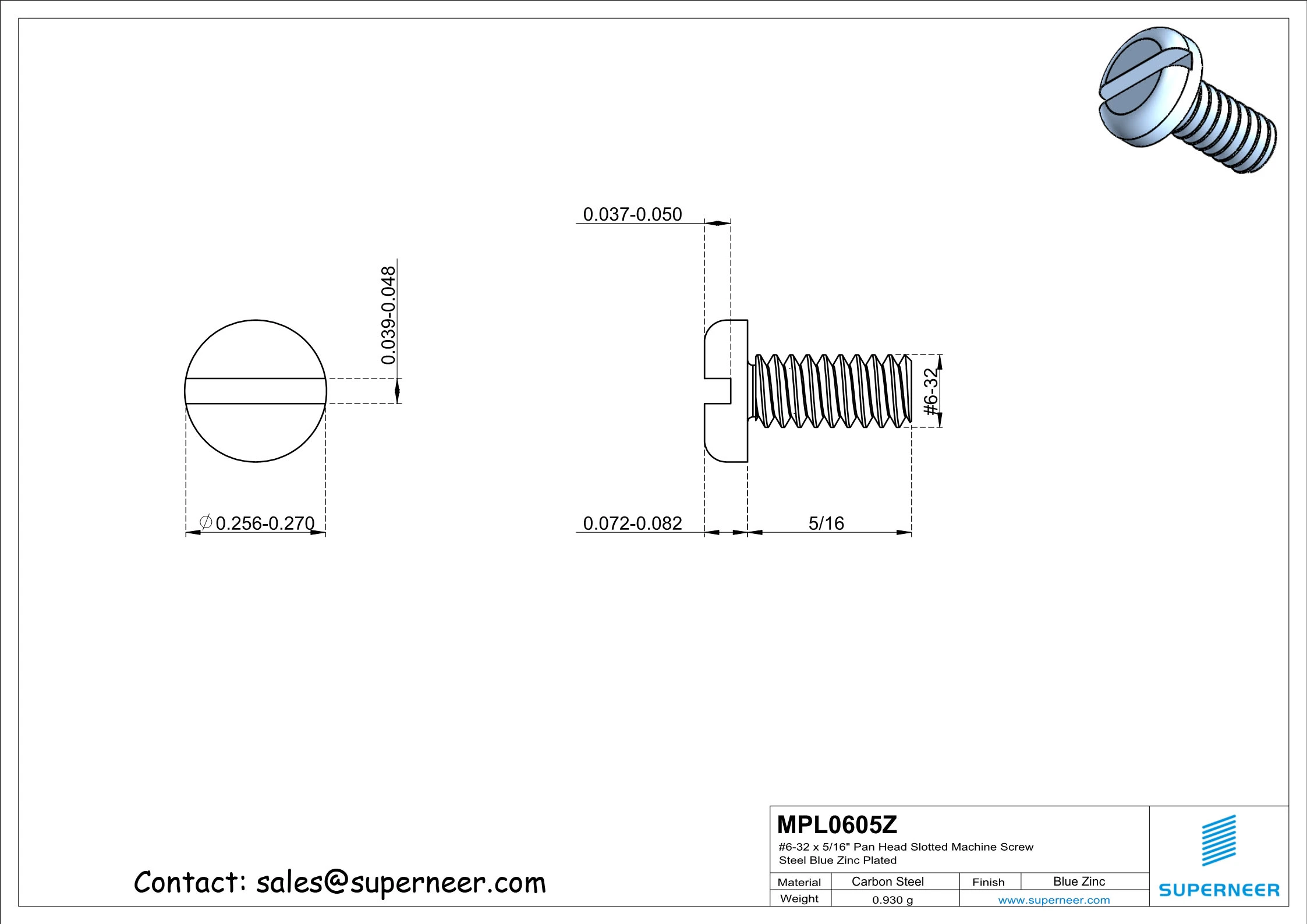 6-32 x 5/16" Pan Head Slotted Machine Screw Steel Blue Zinc Plated