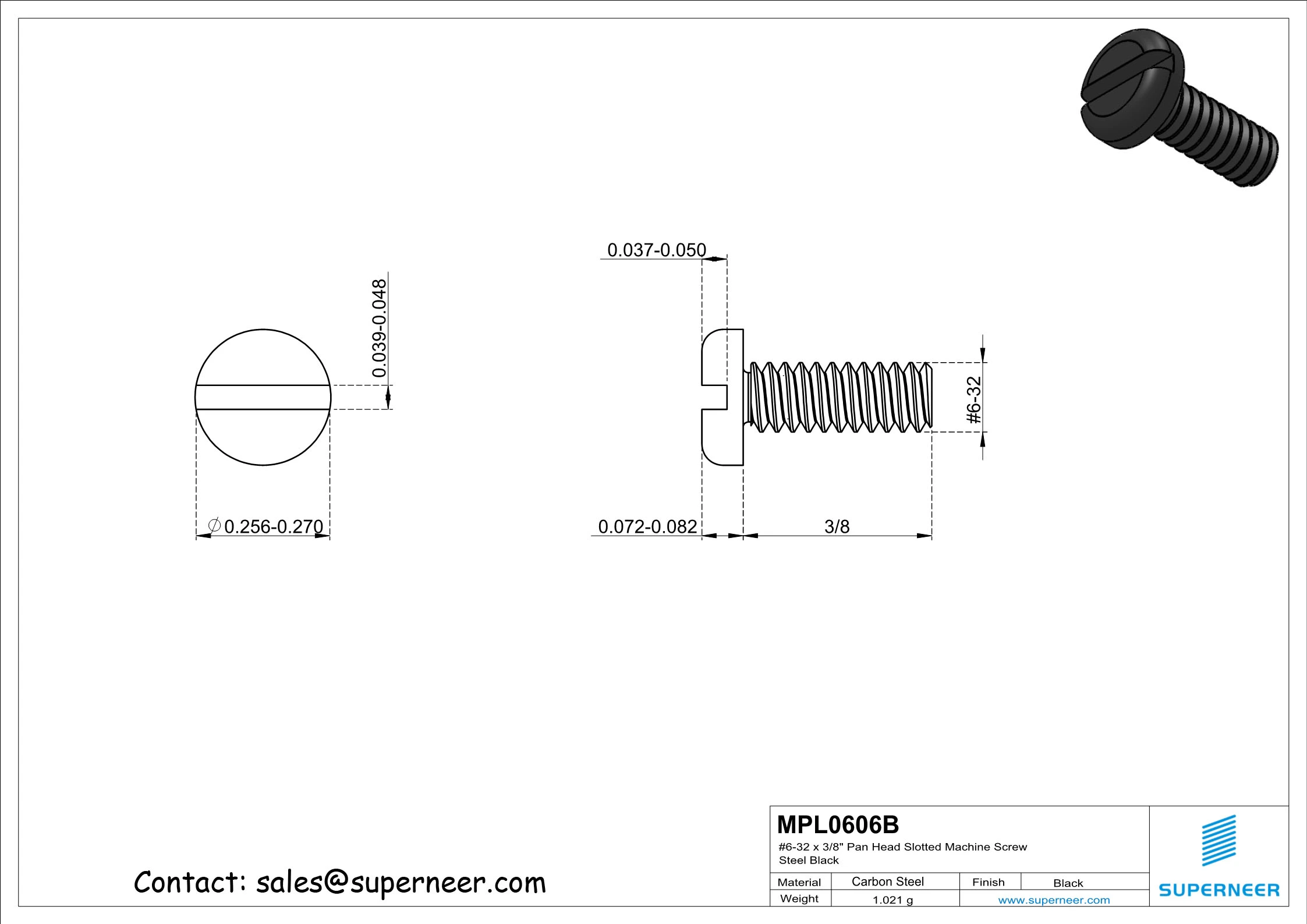 6-32 x 3/8" Pan Head Slotted Machine Screw Steel Black