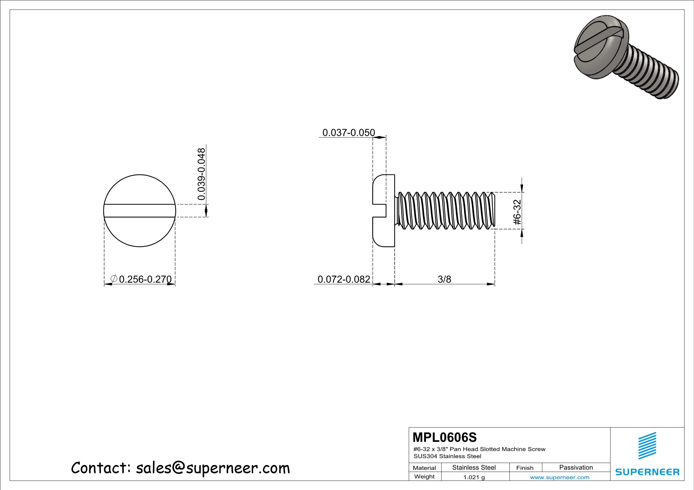 6-32 x 3/8" Pan Head Slotted Machine Screw SUS304 Stainless Steel Inox