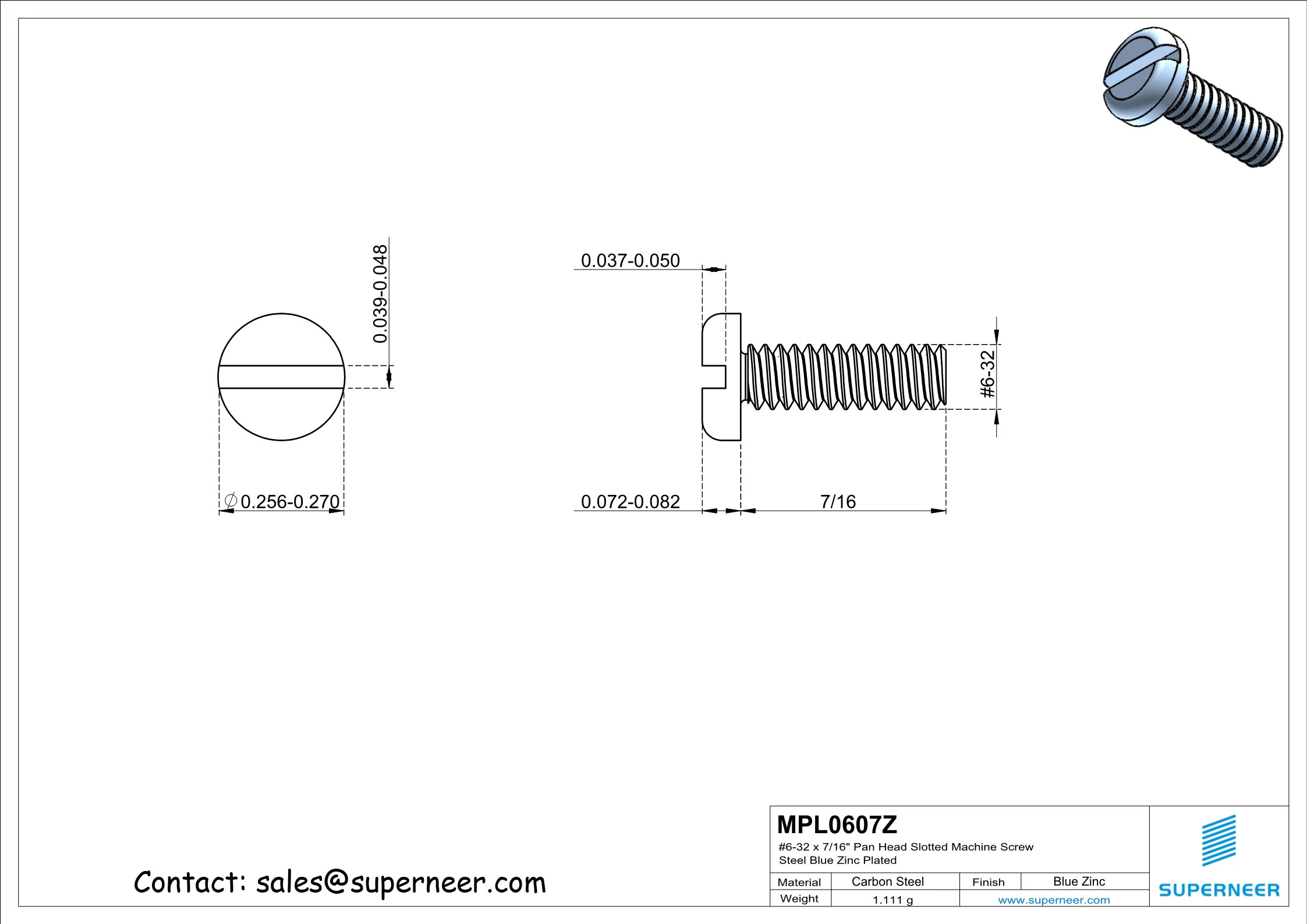 6-32 x 7/16" Pan Head Slotted Machine Screw Steel Blue Zinc Plated