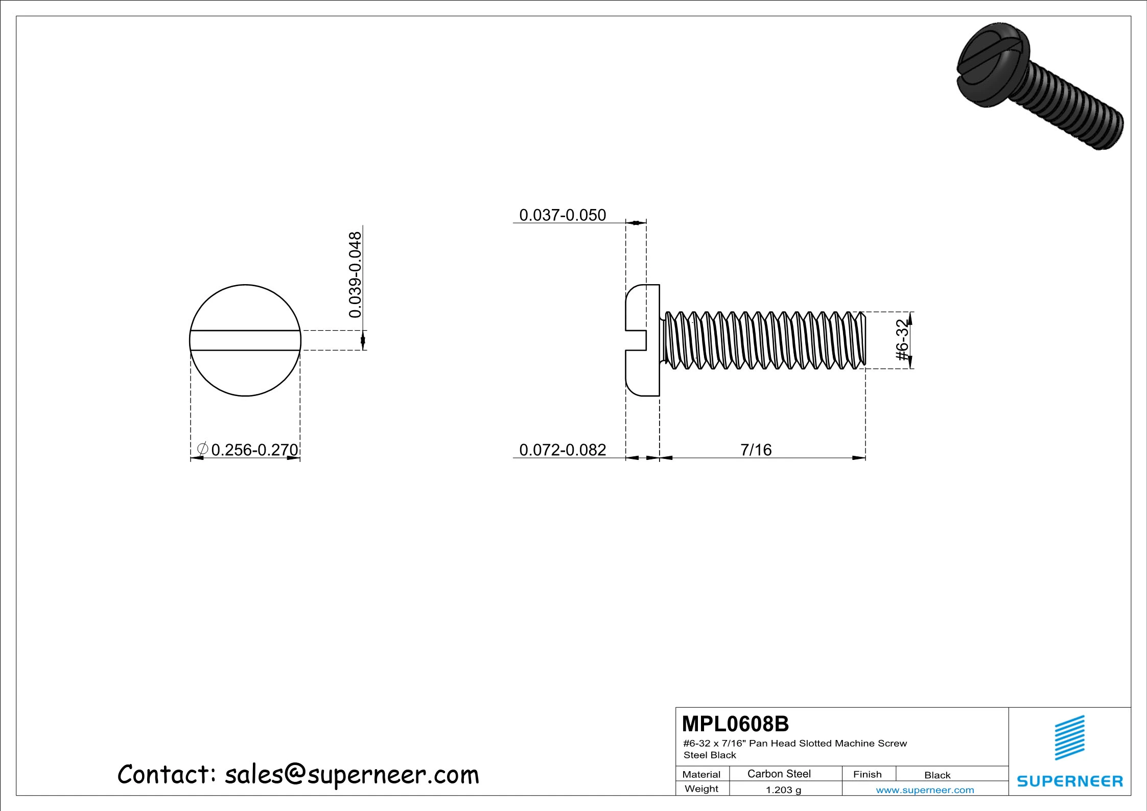 6-32 x 1/2" Pan Head Slotted Machine Screw Steel Black