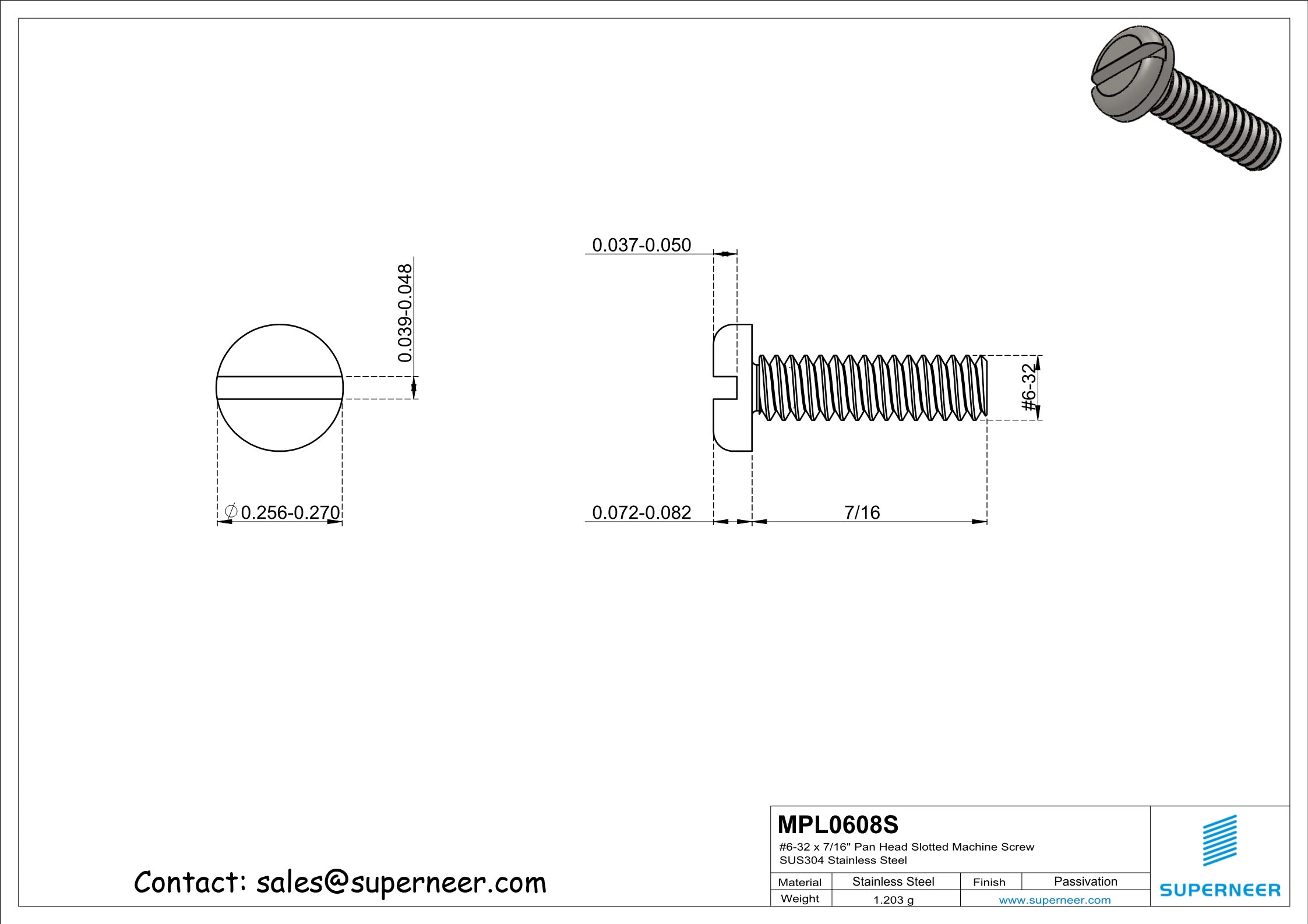 6-32 x 1/2" Pan Head Slotted Machine Screw SUS304 Stainless Steel Inox