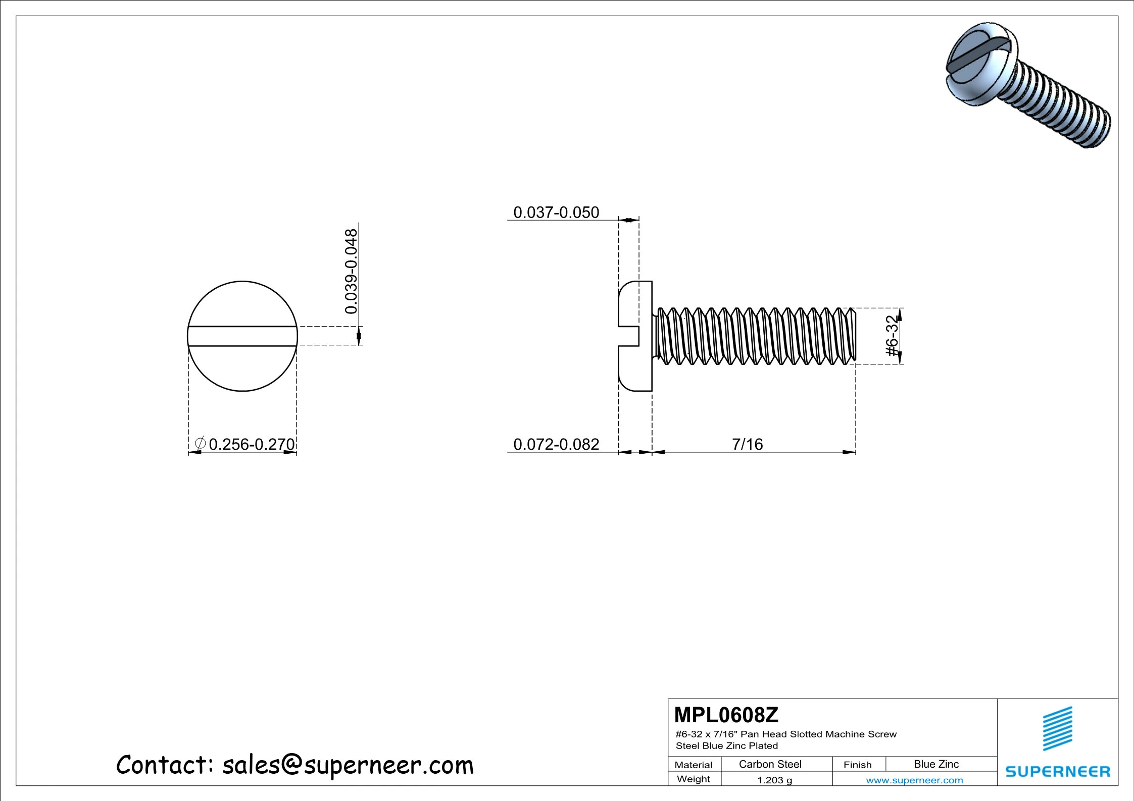 6-32 x 1/2" Pan Head Slotted Machine Screw Steel Blue Zinc Plated