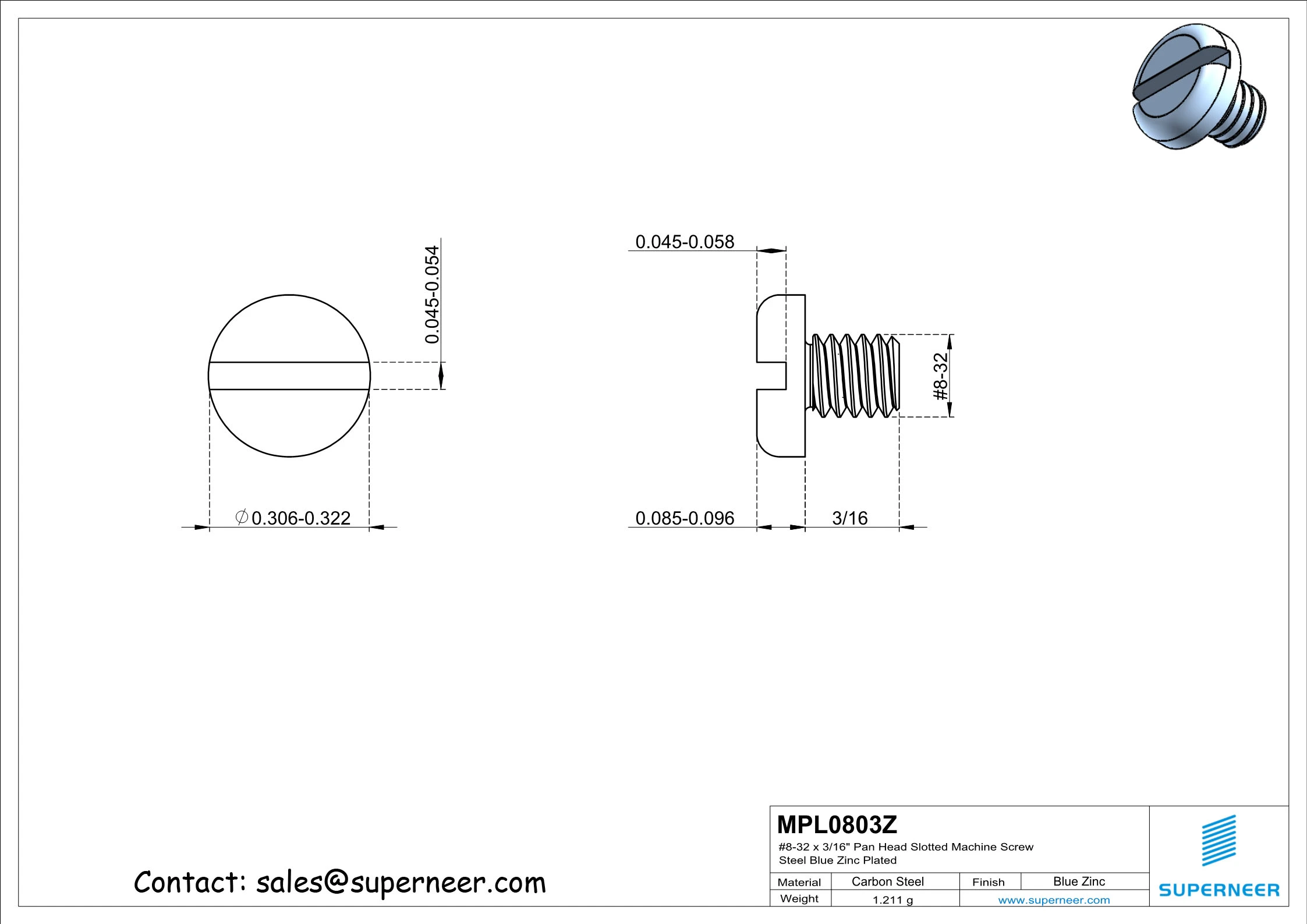 8-32 x 3/16" Pan Head Slotted Machine Screw Steel Blue Zinc Plated