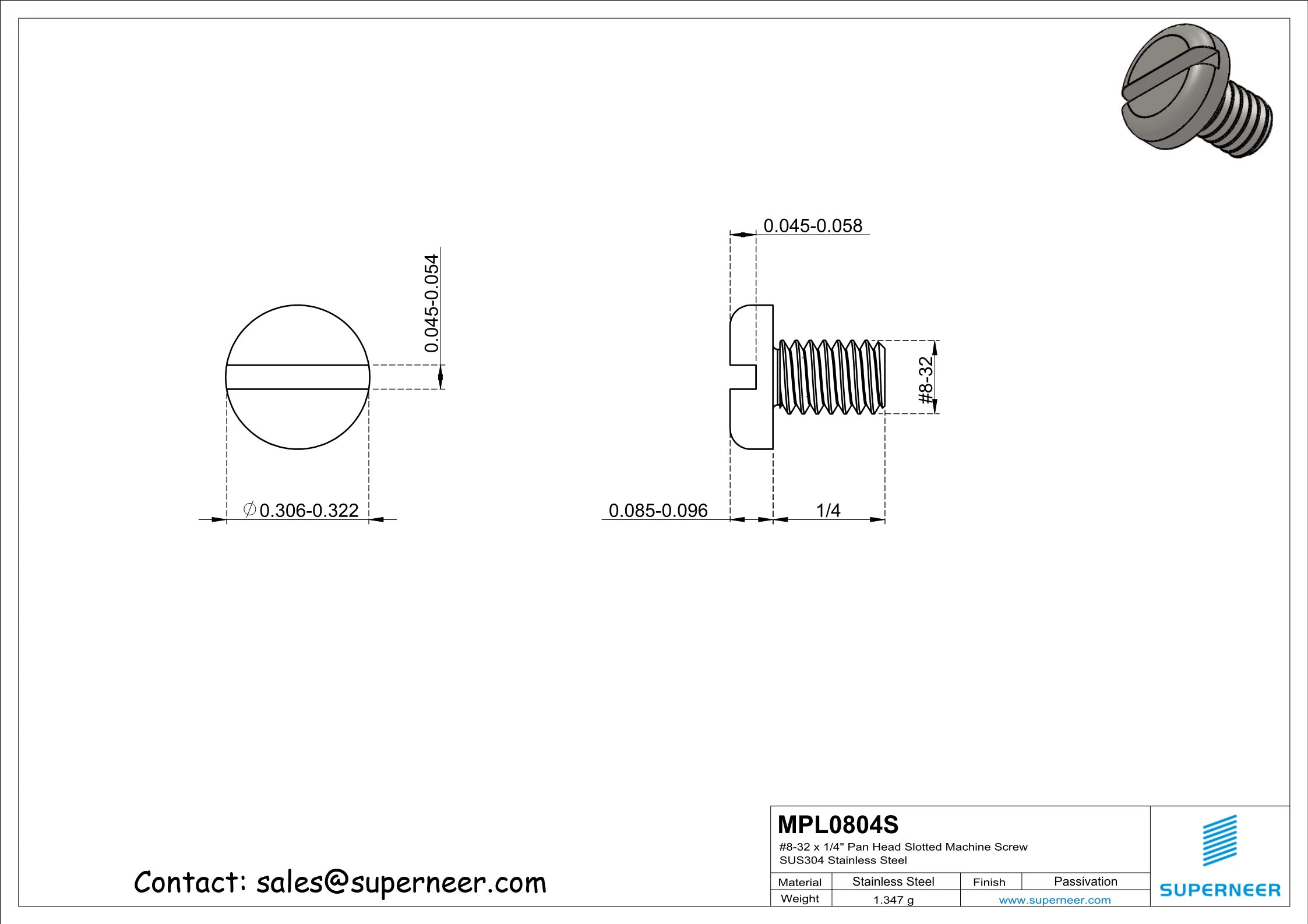 8-32 x 1/4" Pan Head Slotted Machine Screw SUS304 Stainless Steel Inox