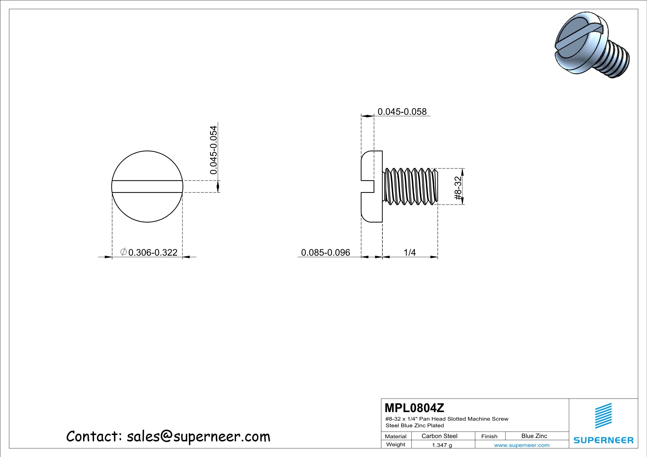 8-32 x 1/4" Pan Head Slotted Machine Screw Steel Blue Zinc Plated