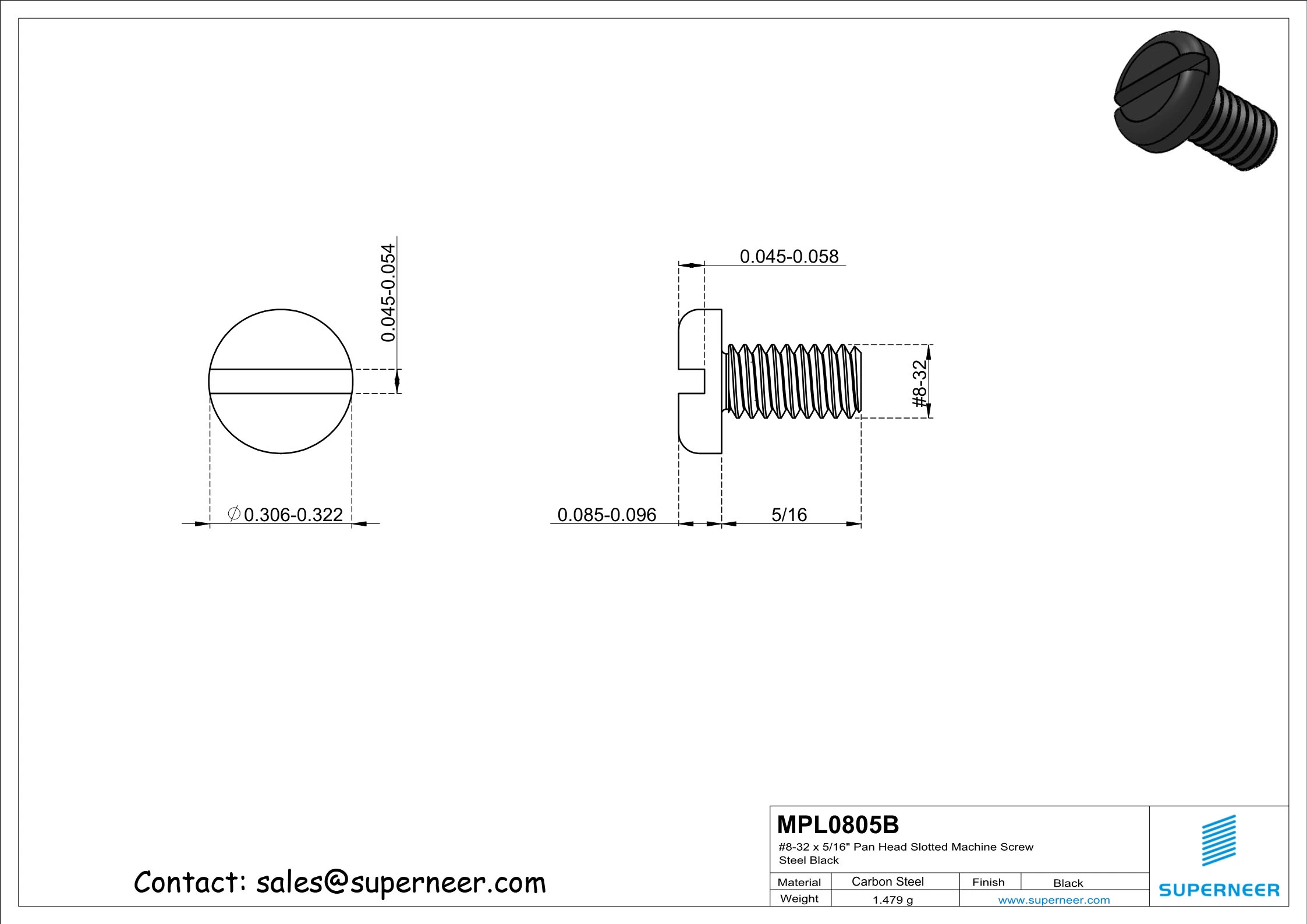 8-32 x 5/16" Pan Head Slotted Machine Screw Steel Black