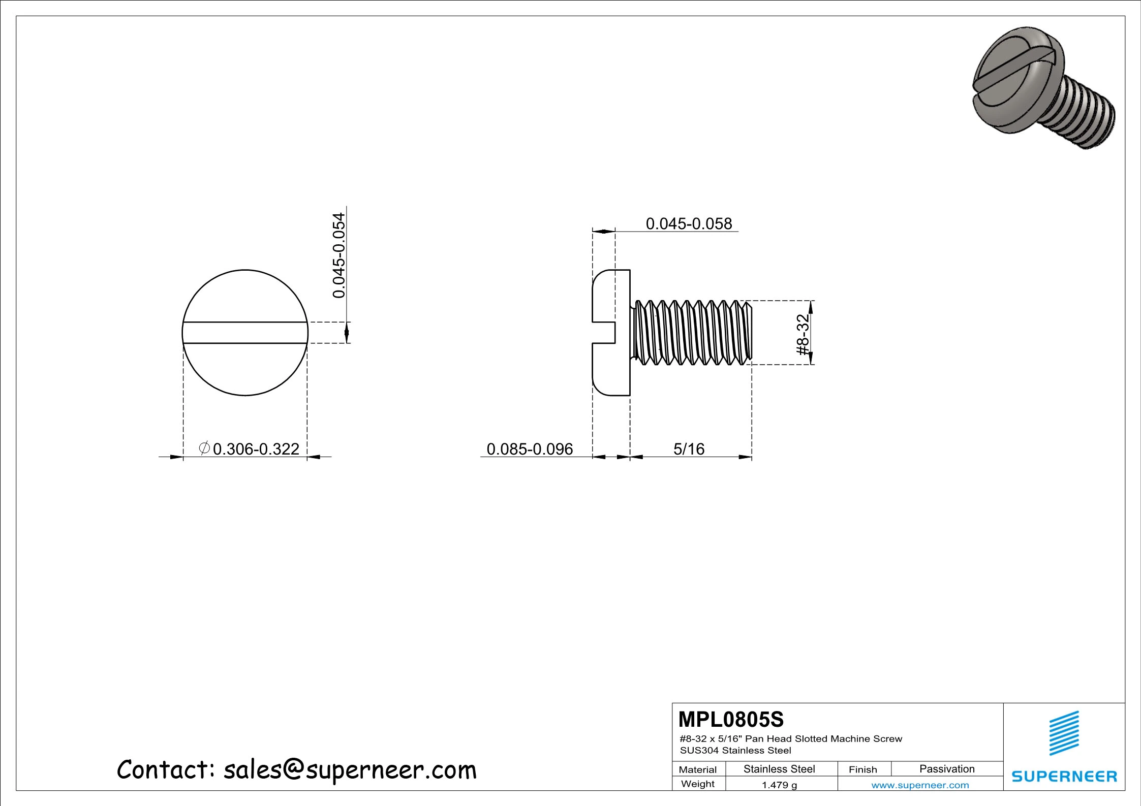 8-32 x 5/16" Pan Head Slotted Machine Screw SUS304 Stainless Steel Inox