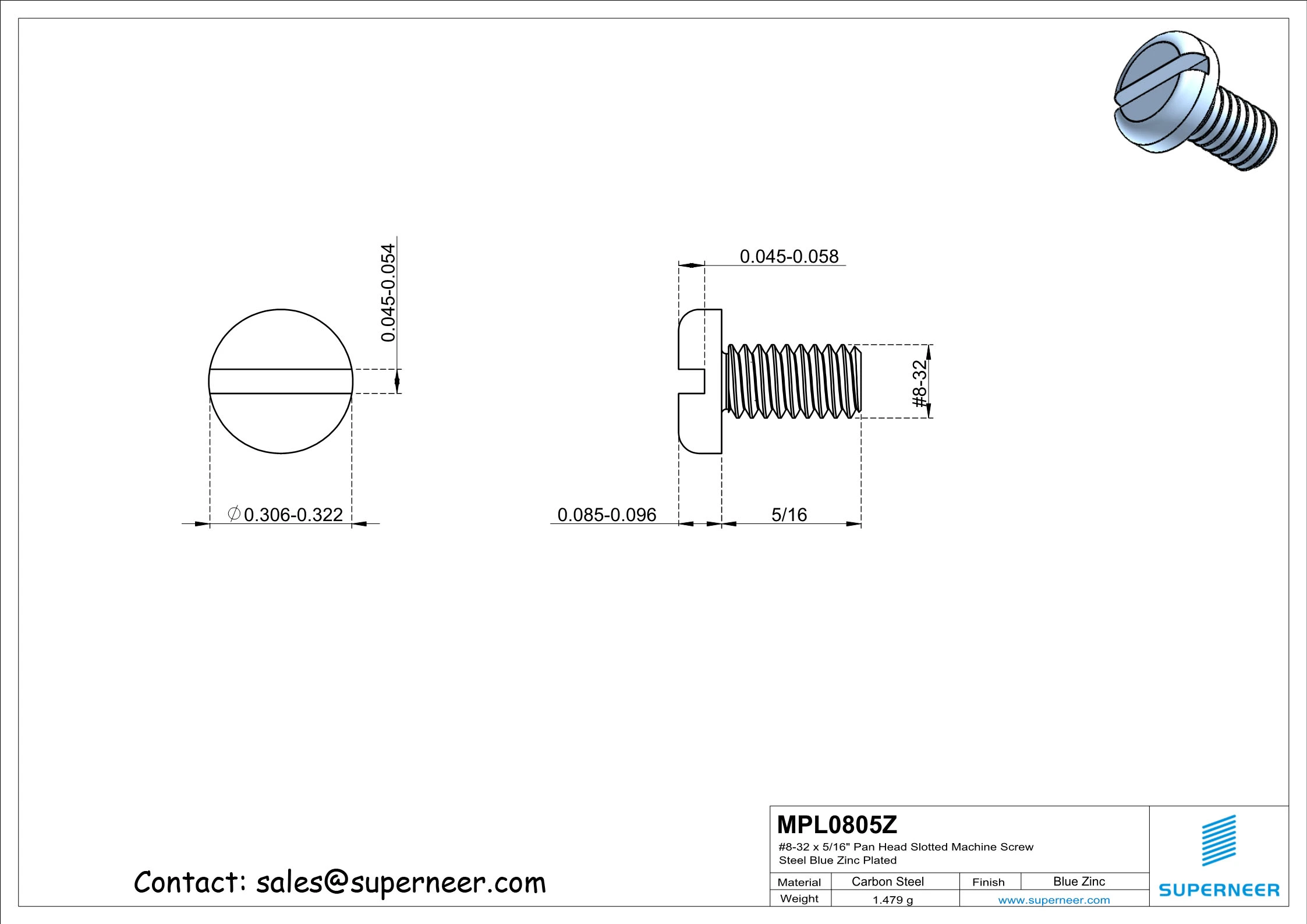 8-32 x 5/16" Pan Head Slotted Machine Screw Steel Blue Zinc Plated