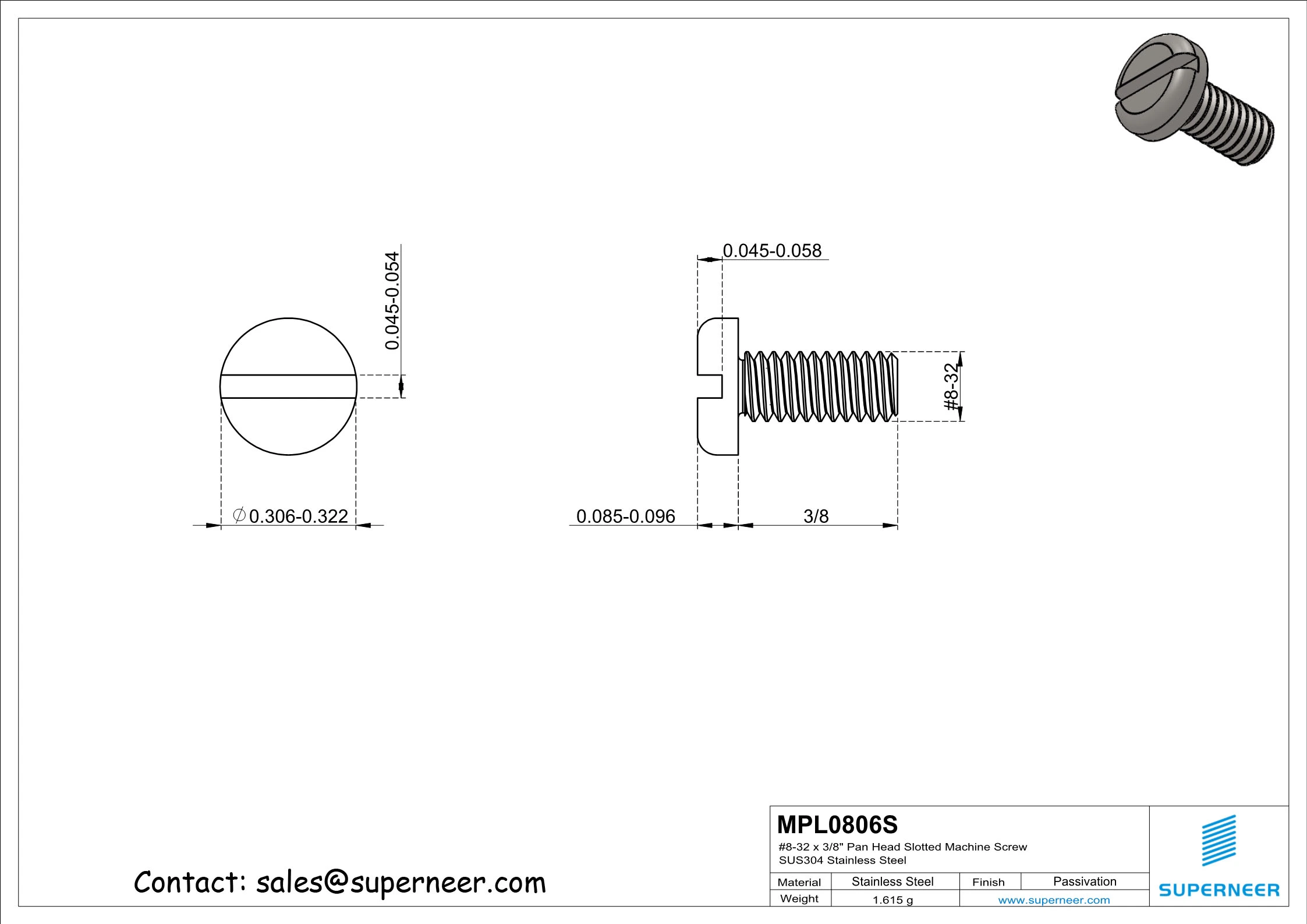 8-32 x 3/8" Pan Head Slotted Machine Screw SUS304 Stainless Steel Inox